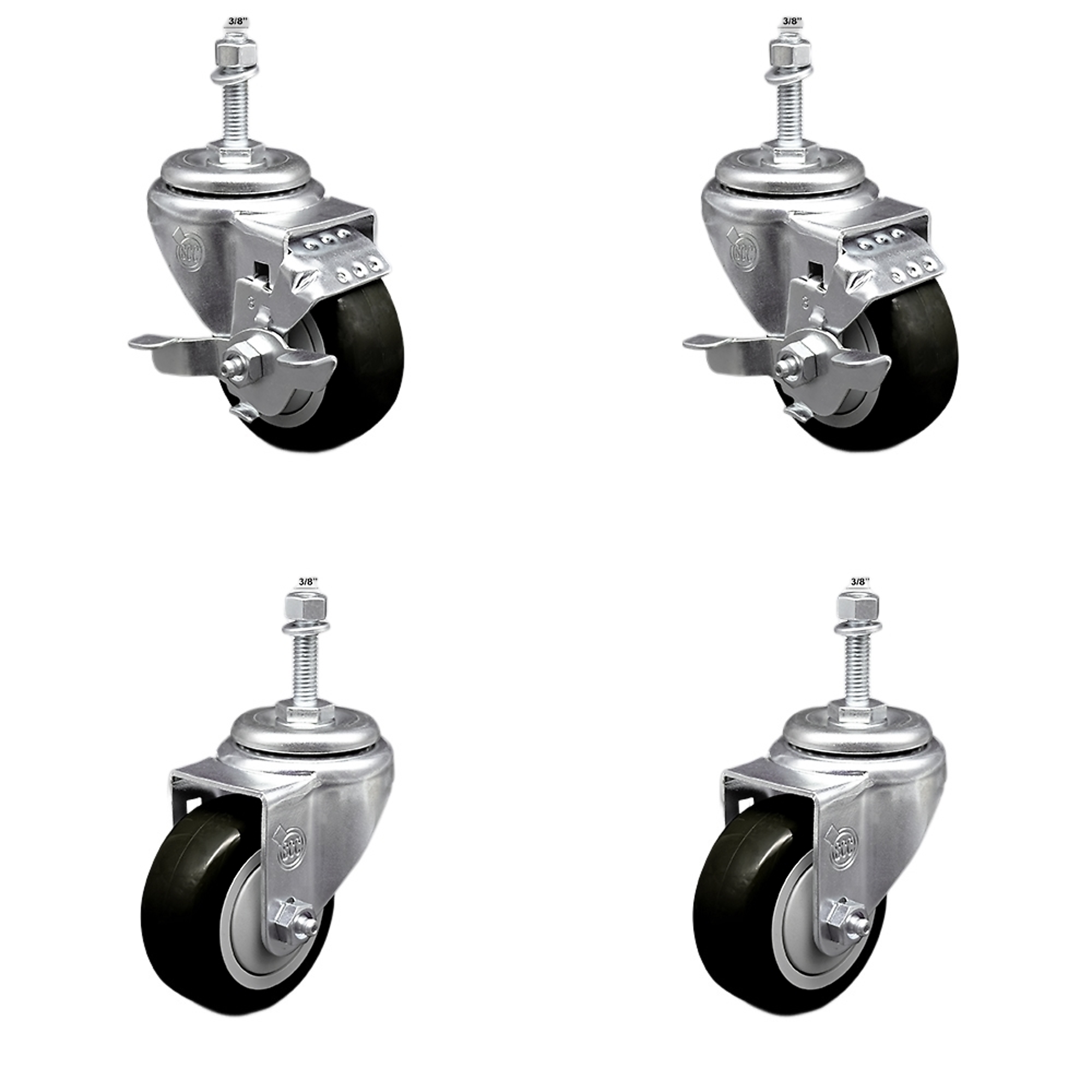 Service Caster, 3Inch x 1 1/4Inch Stem Casters, Wheel Diameter 3 in, Caster Type Swivel, Package (qty.) 4, Model SSTS20S314-PPUB-BLK-TLB-381615-2-S-2