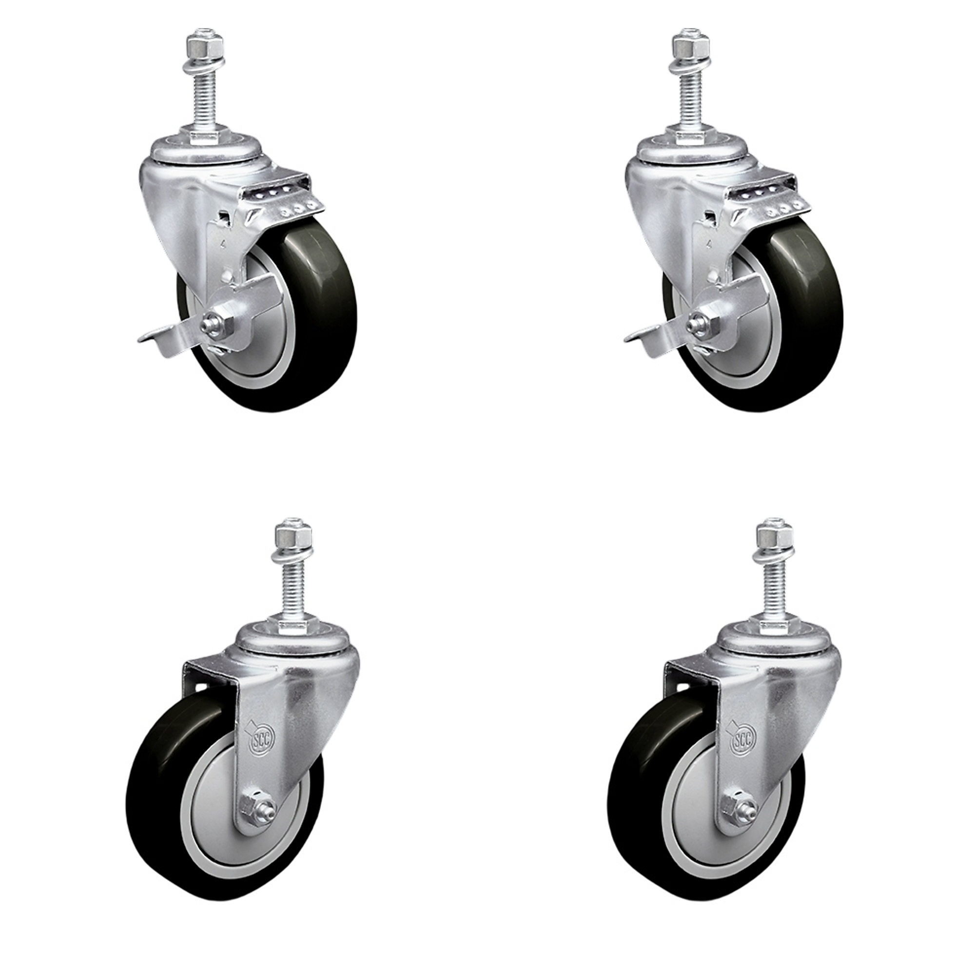 Service Caster, 4Inch x 1 1/4Inch Stem Casters, Wheel Diameter 4 in, Caster Type Swivel, Package (qty.) 4, Model SCC-TS20S414-PPUB-BLK-TLB-381615-2S2