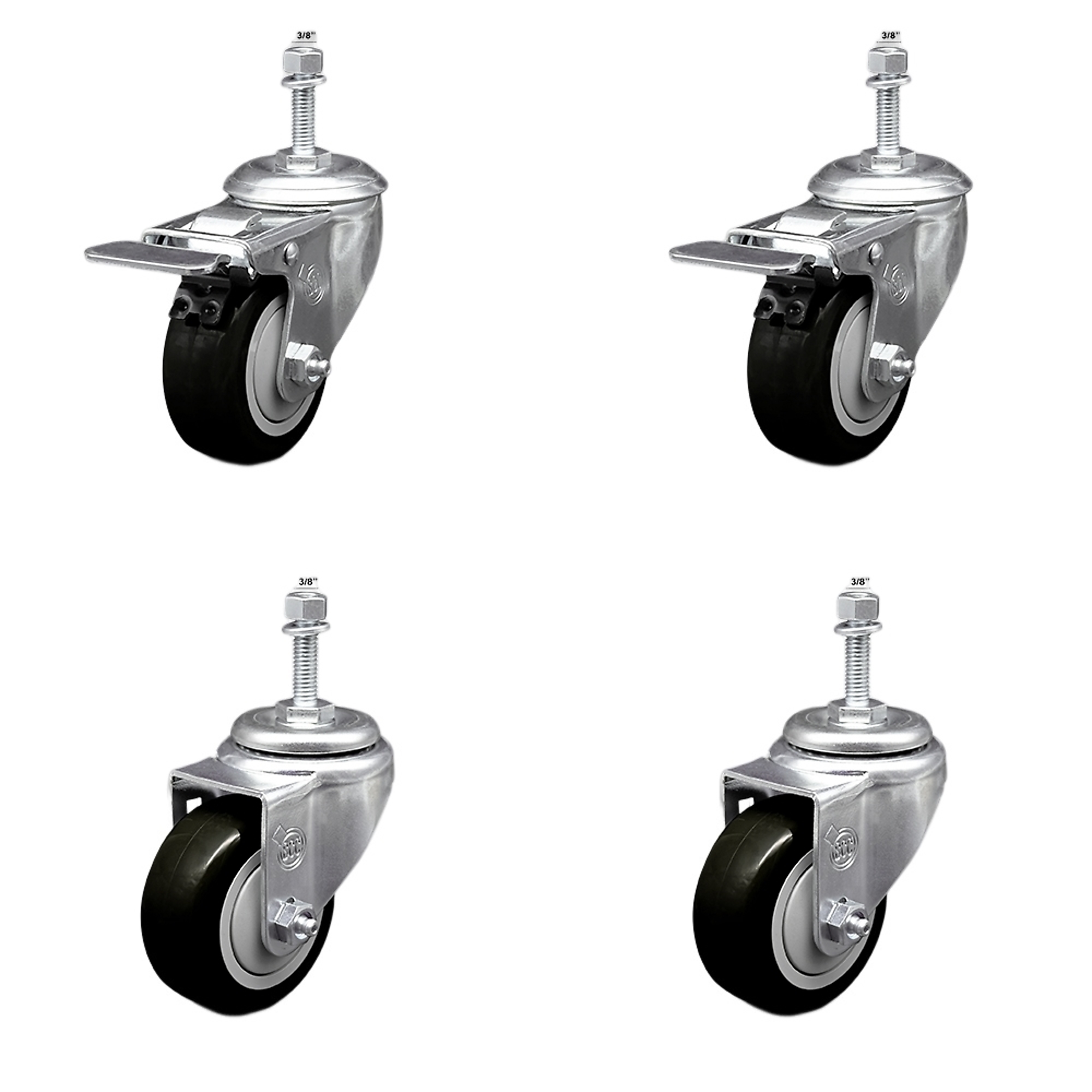 Service Caster, 3Inch x 1 1/4Inch Stem Casters, Wheel Diameter 3 in, Caster Type Swivel, Package (qty.) 4, Model SSTSTTL20S314-PPUB-BLK-381615-2-S-2