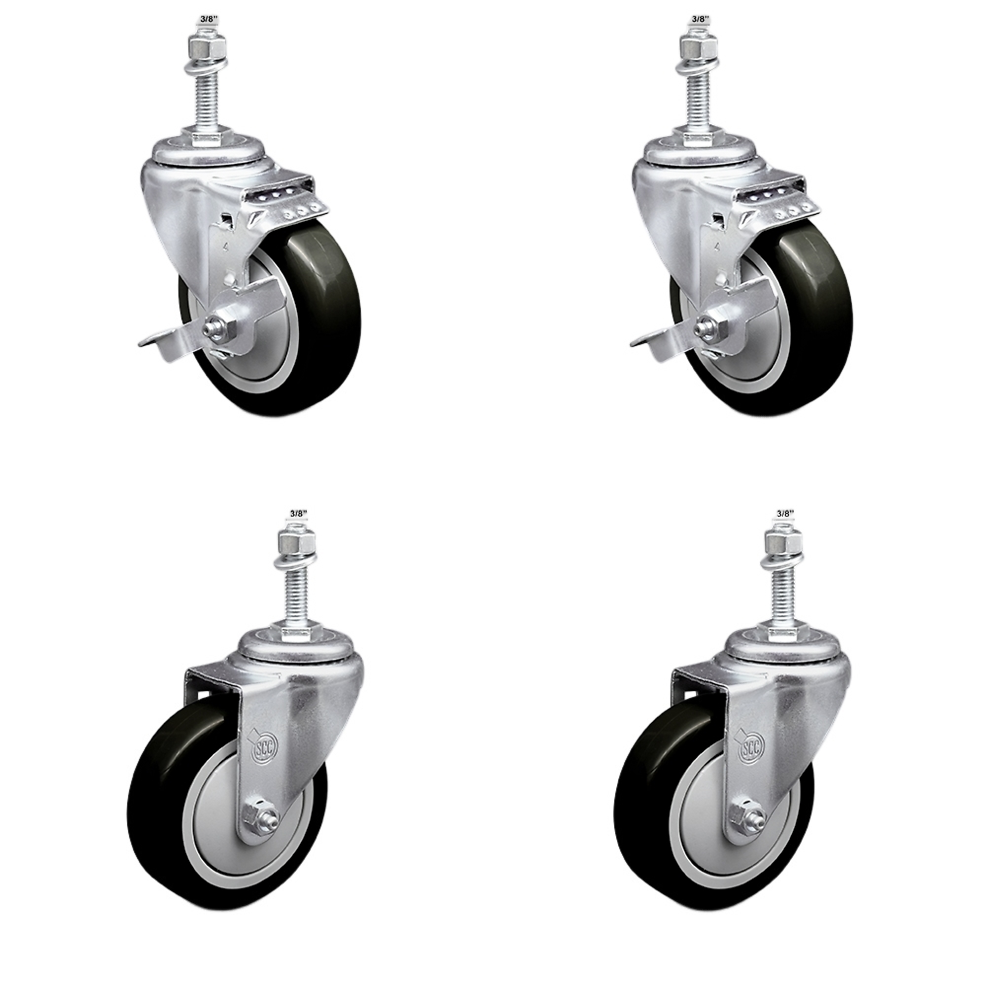 Service Caster, 4Inch x 1 1/4Inch Stem Casters, Wheel Diameter 4 in, Caster Type Swivel, Package (qty.) 4, Model SSTS20S414-PPUB-BLK-TLB-381615-2-S-2