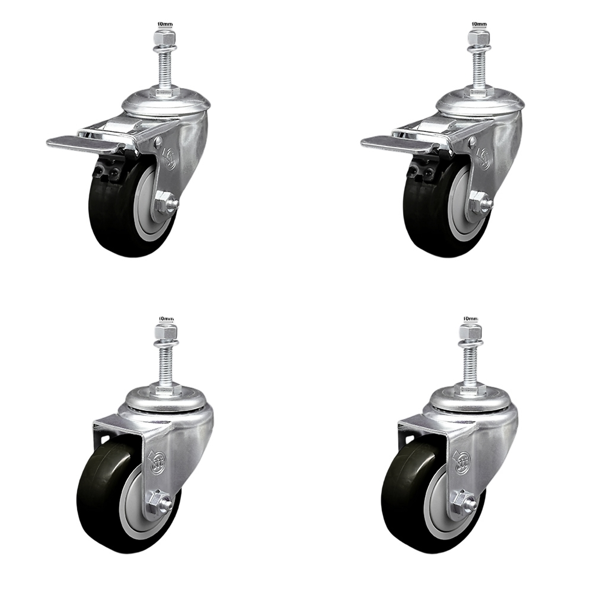 Service Caster, 3Inch x 1 1/4Inch Stem Casters, Wheel Diameter 3 in, Caster Type Swivel, Package (qty.) 4, Model SSTSTTL20S314-PPUB-BLK-M1015-2-S-2