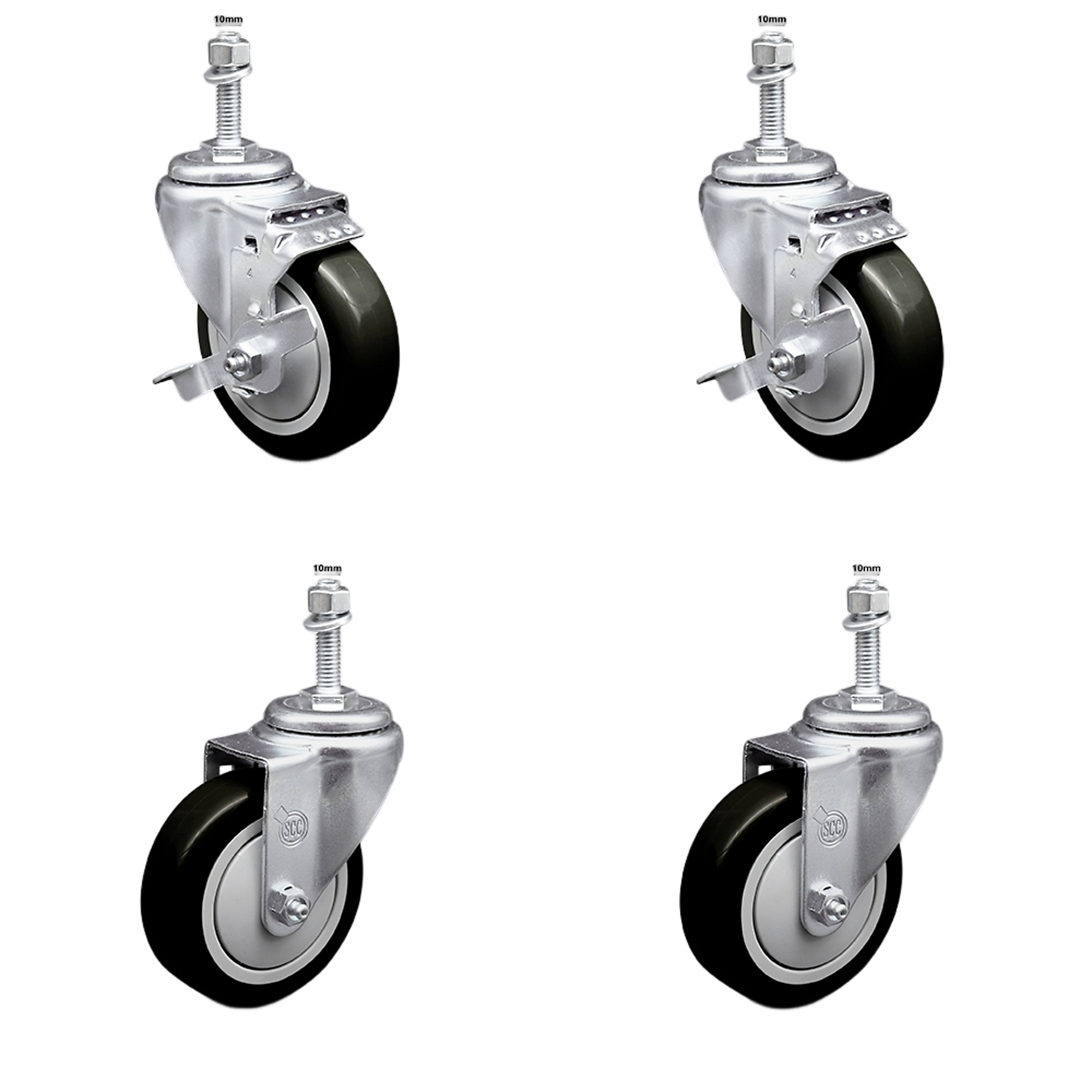 Service Caster, 4Inch x 1 1/4Inch Stem Casters, Wheel Diameter 4 in, Caster Type Swivel, Package (qty.) 4, Model SSTS20S414-PPUB-BLK-TLB-M1015-2-S-2