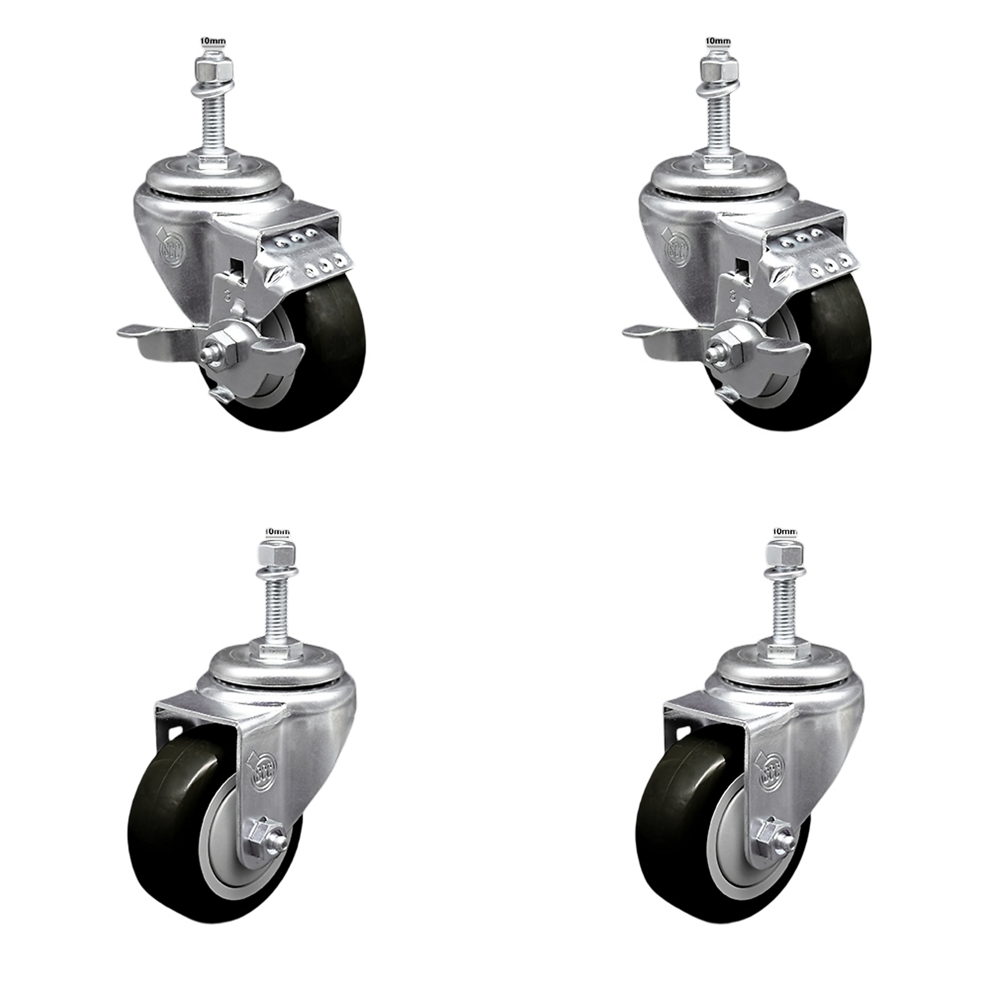 Service Caster, 3Inch x 1 1/4Inch Stem Casters, Wheel Diameter 3 in, Caster Type Swivel, Package (qty.) 4, Model SSTS20S314-PPUB-BLK-TLB-M1015-2-S-2