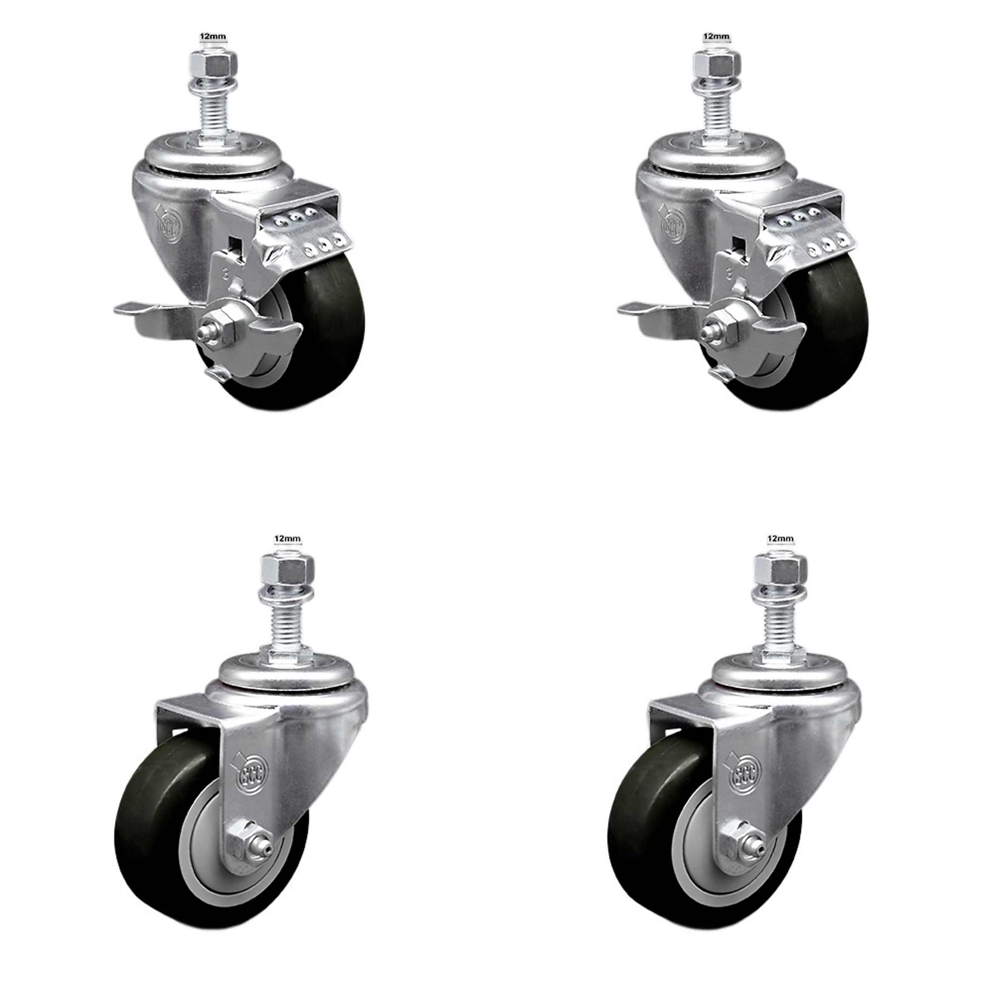 Service Caster, 3Inch x 1 1/4Inch Stem Casters, Wheel Diameter 3 in, Caster Type Swivel, Package (qty.) 4, Model SSTS20S314-PPUB-BLK-TLB-M1215-2-S-2