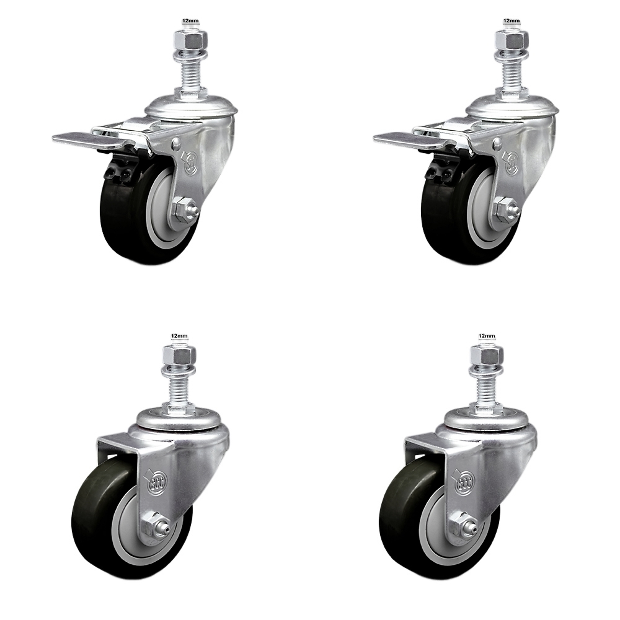 Service Caster, 3Inch x 1 1/4Inch Stem Casters, Wheel Diameter 3 in, Caster Type Swivel, Package (qty.) 4, Model SSTSTTL20S314-PPUB-BLK-M1215-2-S-2