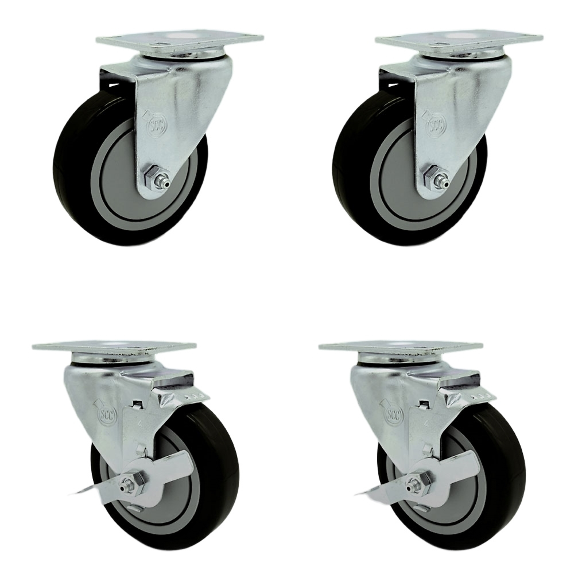 Service Caster, 4Inch x 1 1/4Inch Plate Casters, Wheel Diameter 4 in, Caster Type Swivel, Package (qty.) 4, Model SCC-SS20S414-PPUB-BLK-2-TLB-2