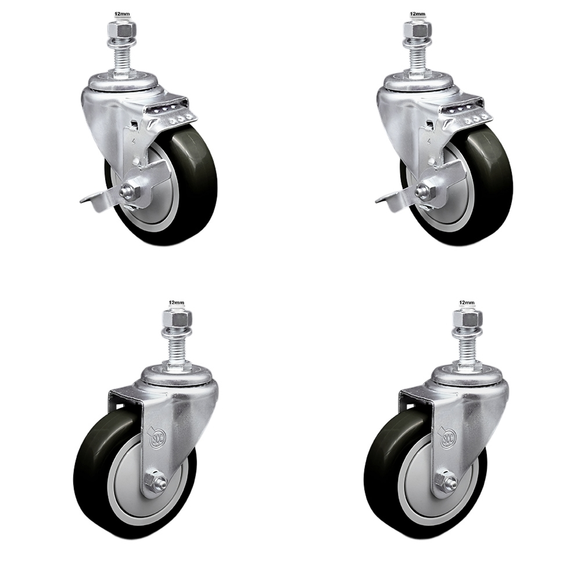 Service Caster, 4Inch x 1 1/4Inch Stem Casters, Wheel Diameter 4 in, Caster Type Swivel, Package (qty.) 4, Model SSTS20S414-PPUB-BLK-TLB-M1215-2-S-2