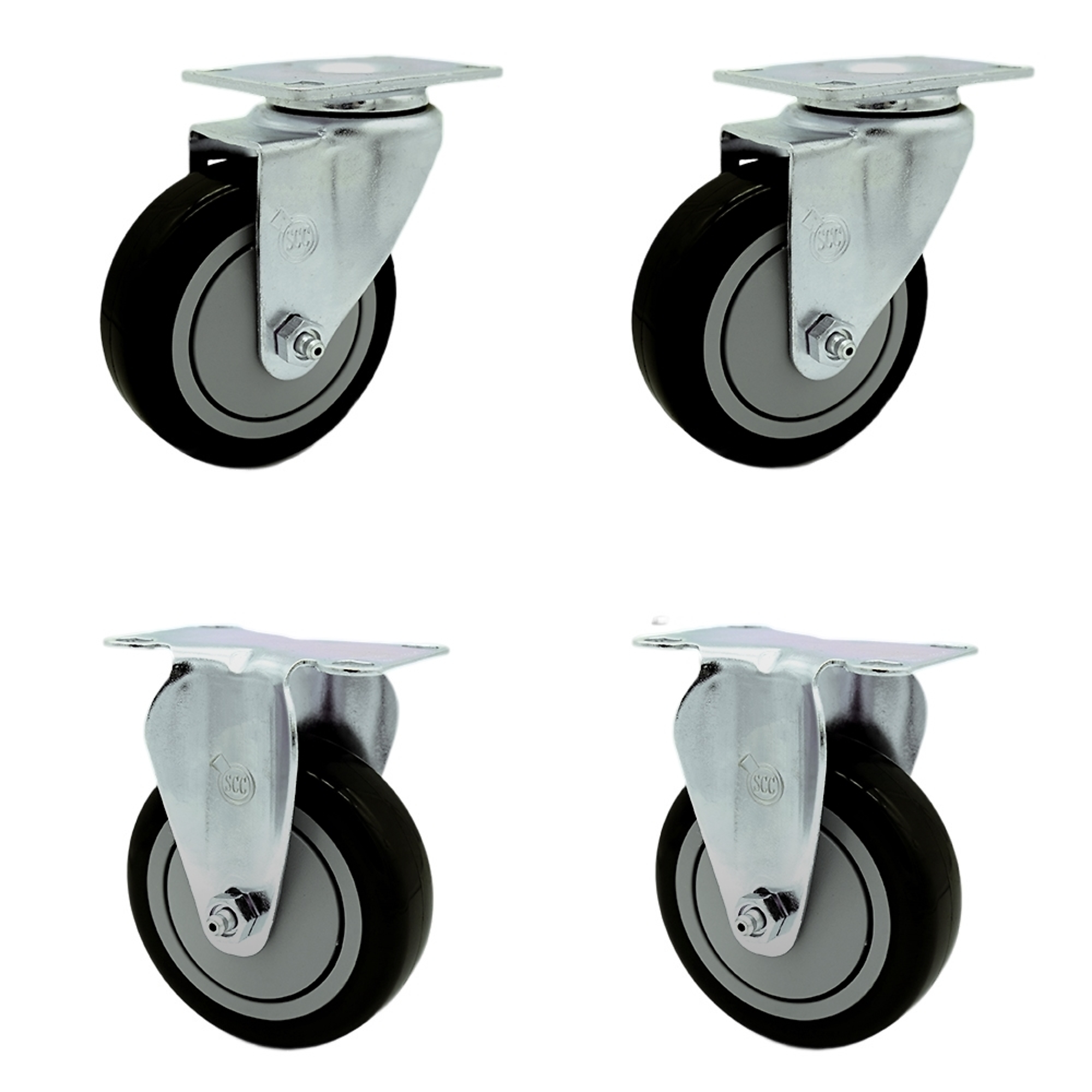 Service Caster, 4Inch x 1 1/4Inch Plate Casters, Wheel Diameter 4 in, Caster Type Swivel, Package (qty.) 4, Model SCC-SS20S414-PPUB-BLK-2-R414-2