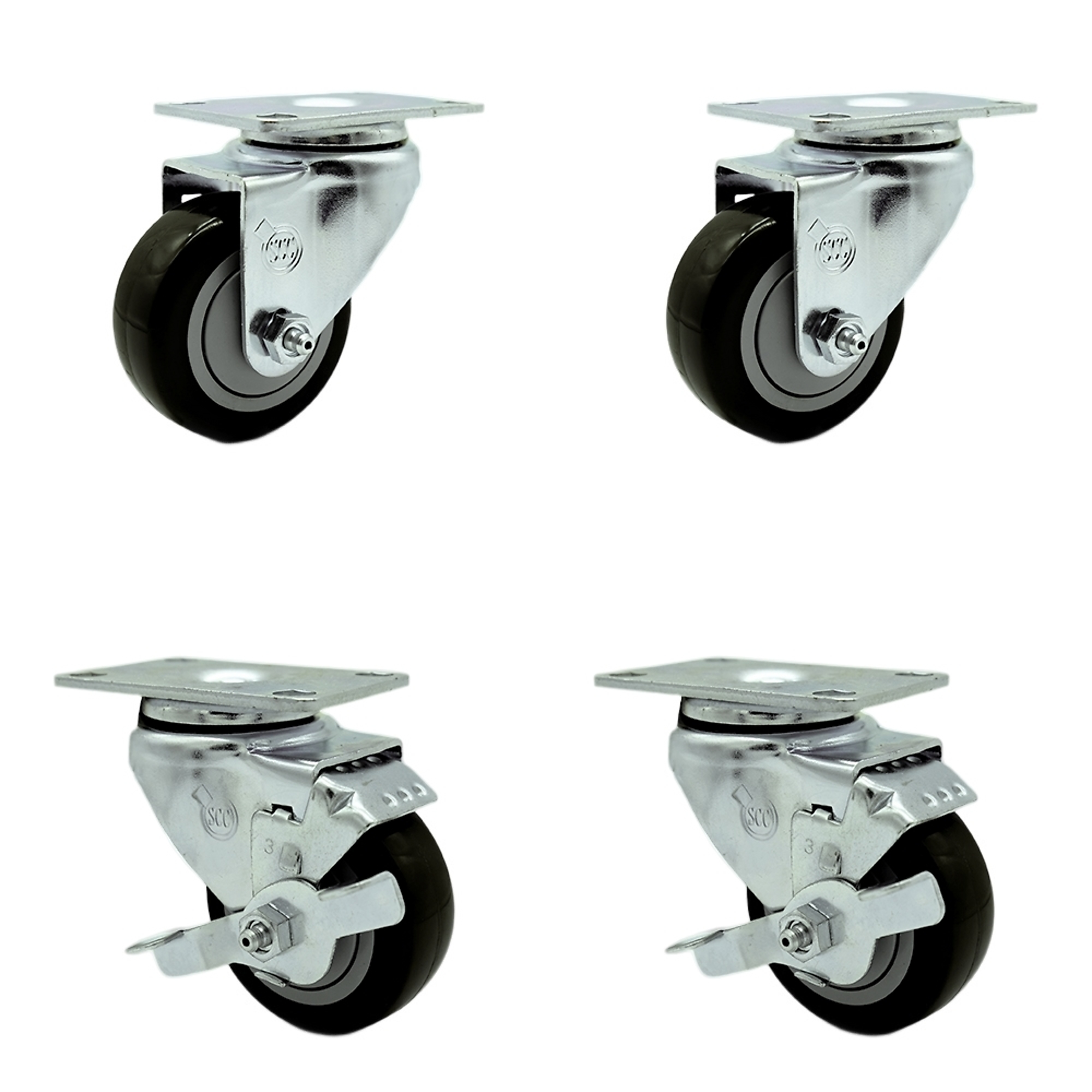 Service Caster, 3Inch x 1 1/4Inch Plate Casters, Wheel Diameter 3 in, Caster Type Swivel, Package (qty.) 4, Model SCC-SS20S314-PPUB-BLK-2-TLB-2