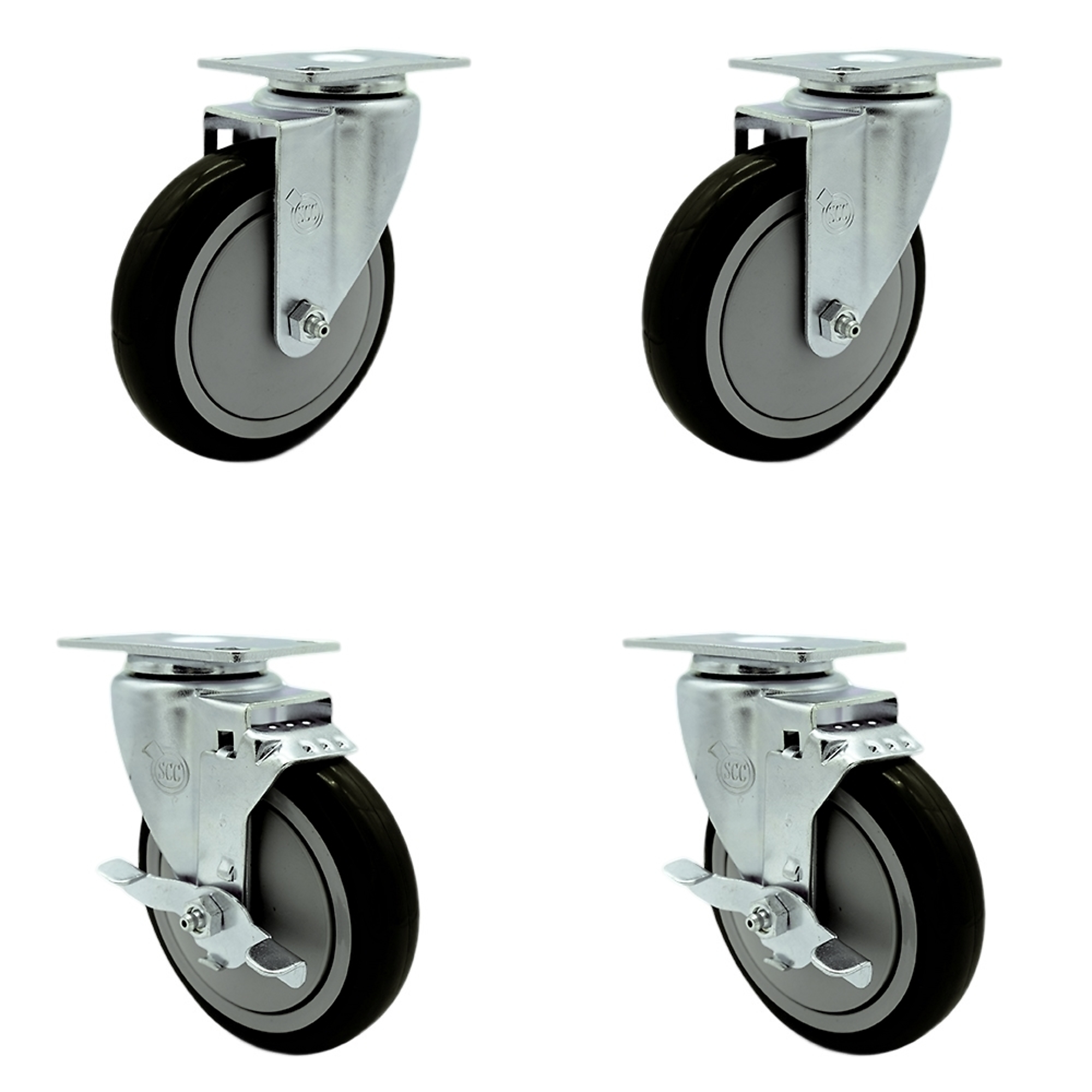 Service Caster, 5Inch x 1 1/4Inch Plate Casters, Wheel Diameter 5 in, Caster Type Swivel, Package (qty.) 4, Model SCC-SS20S514-PPUB-BLK-2-TLB-2