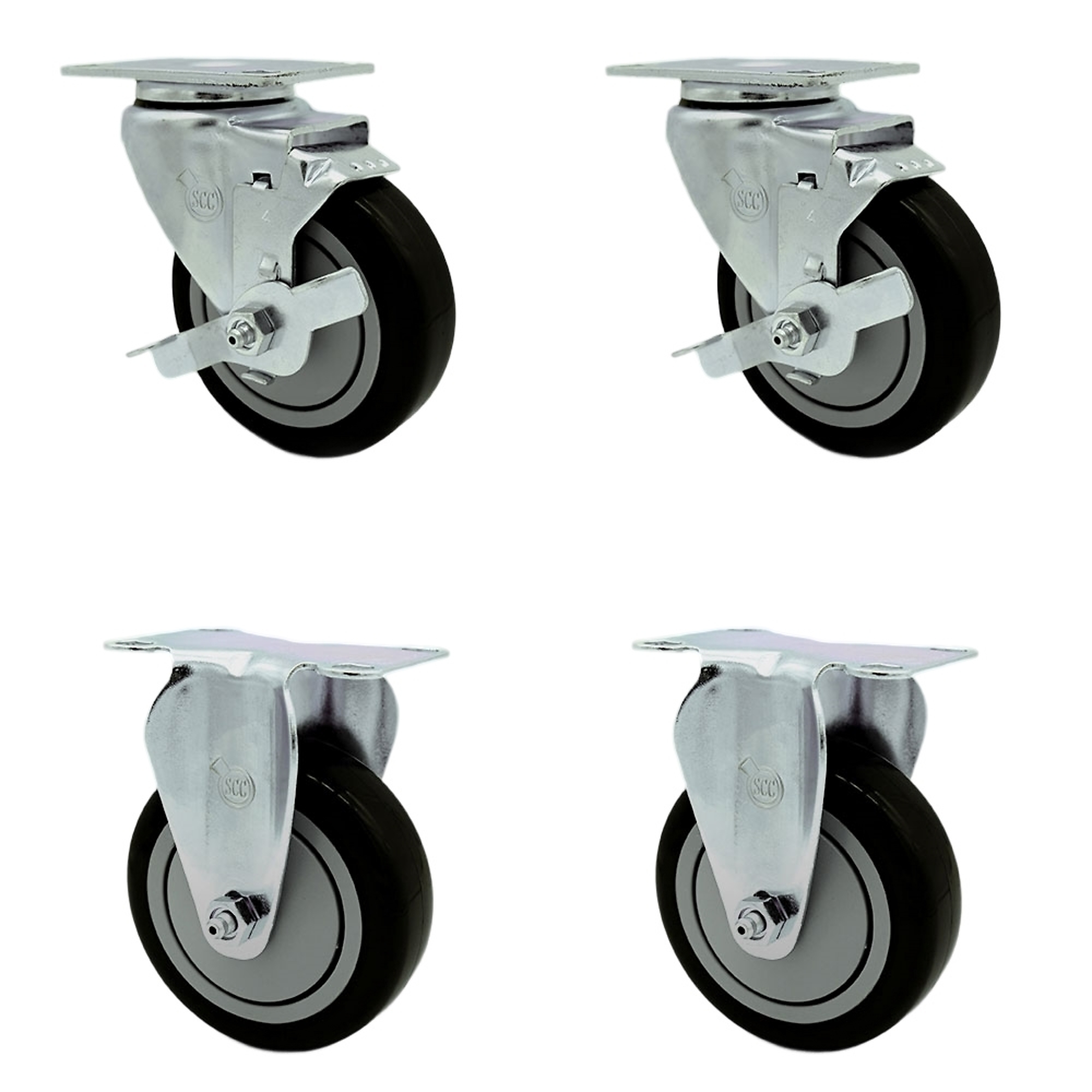 Service Caster, 4Inch x 1 1/4Inch Plate Casters, Wheel Diameter 4 in, Caster Type Swivel, Package (qty.) 4, Model SCC-SS20S414-PPUB-BLK-TLB-2-R414-2