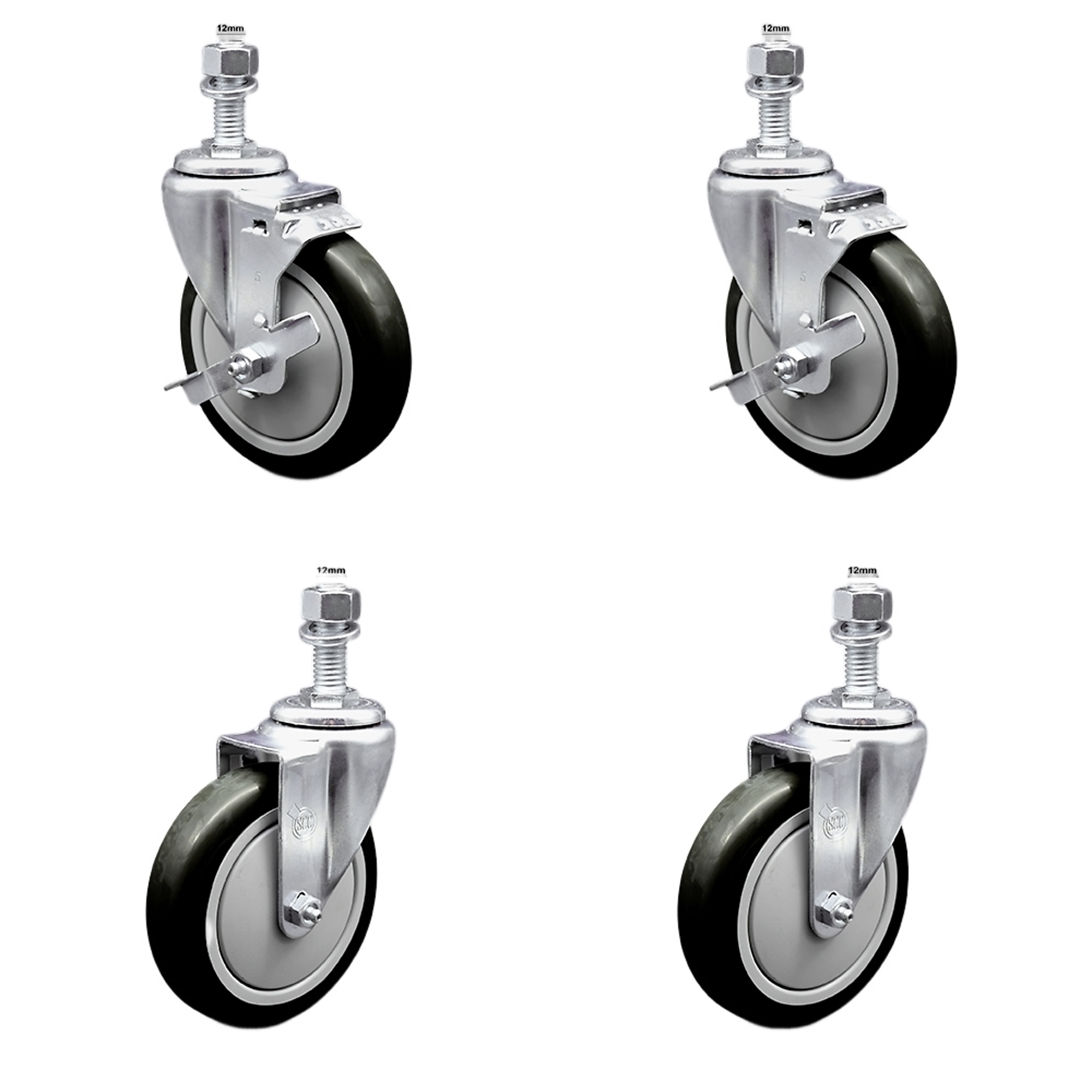 Service Caster, 5Inch x 1 1/4Inch Stem Casters, Wheel Diameter 5 in, Caster Type Swivel, Package (qty.) 4, Model SSTS20S514-PPUB-BLK-TLB-M1215-2-S-2