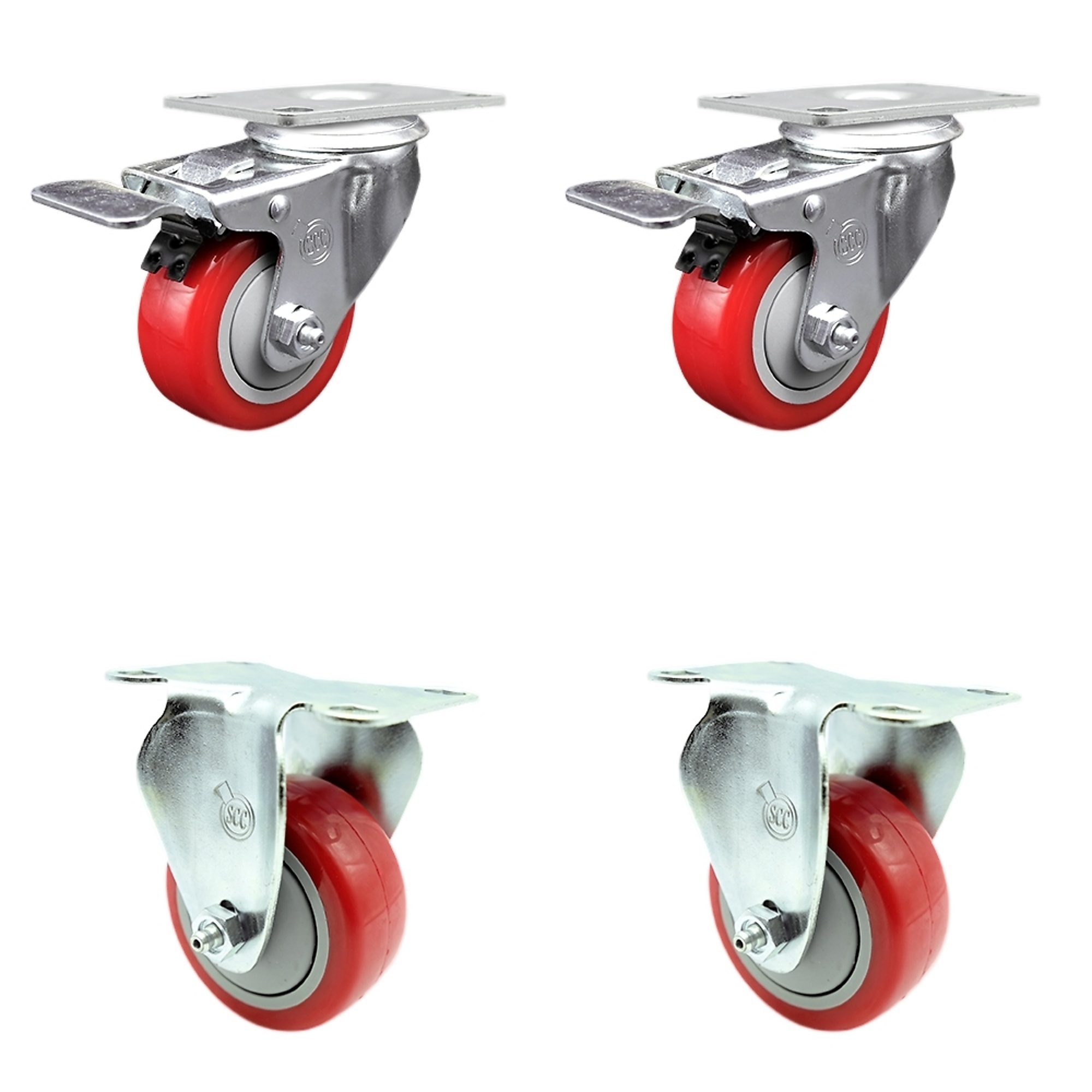 Service Caster, 3Inch x 1 1/4Inch Stem Casters, Wheel Diameter 3 in, Caster Type Swivel, Package (qty.) 4, Model SCC-TTL20S314-PPUB-RED-2-R-2