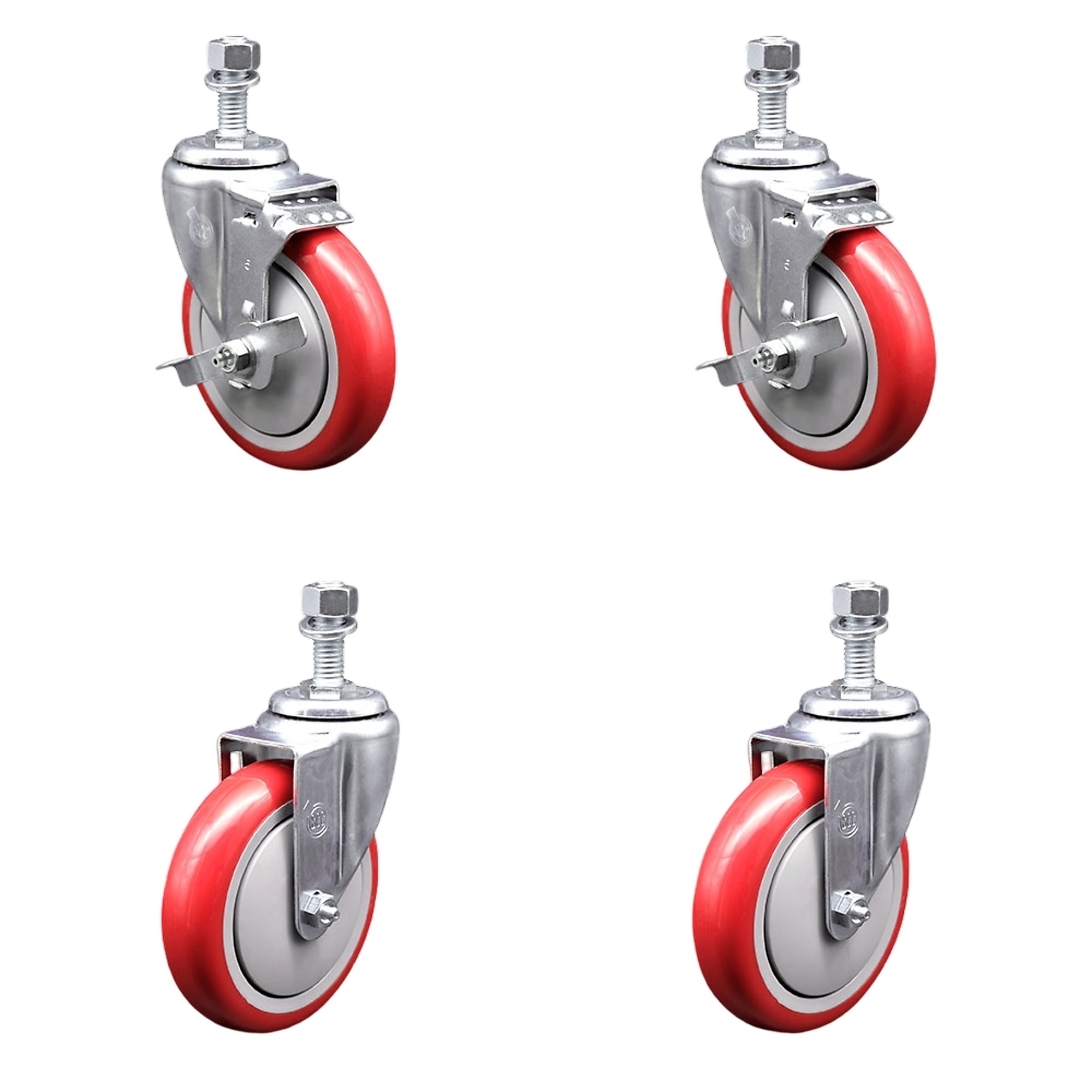 Service Caster, 5Inch x 1 1/4Inch Stem Casters, Wheel Diameter 5 in, Caster Type Swivel, Package (qty.) 4, Model SCC-TS20S514-PPUB-RED-TLB-121315-2S2