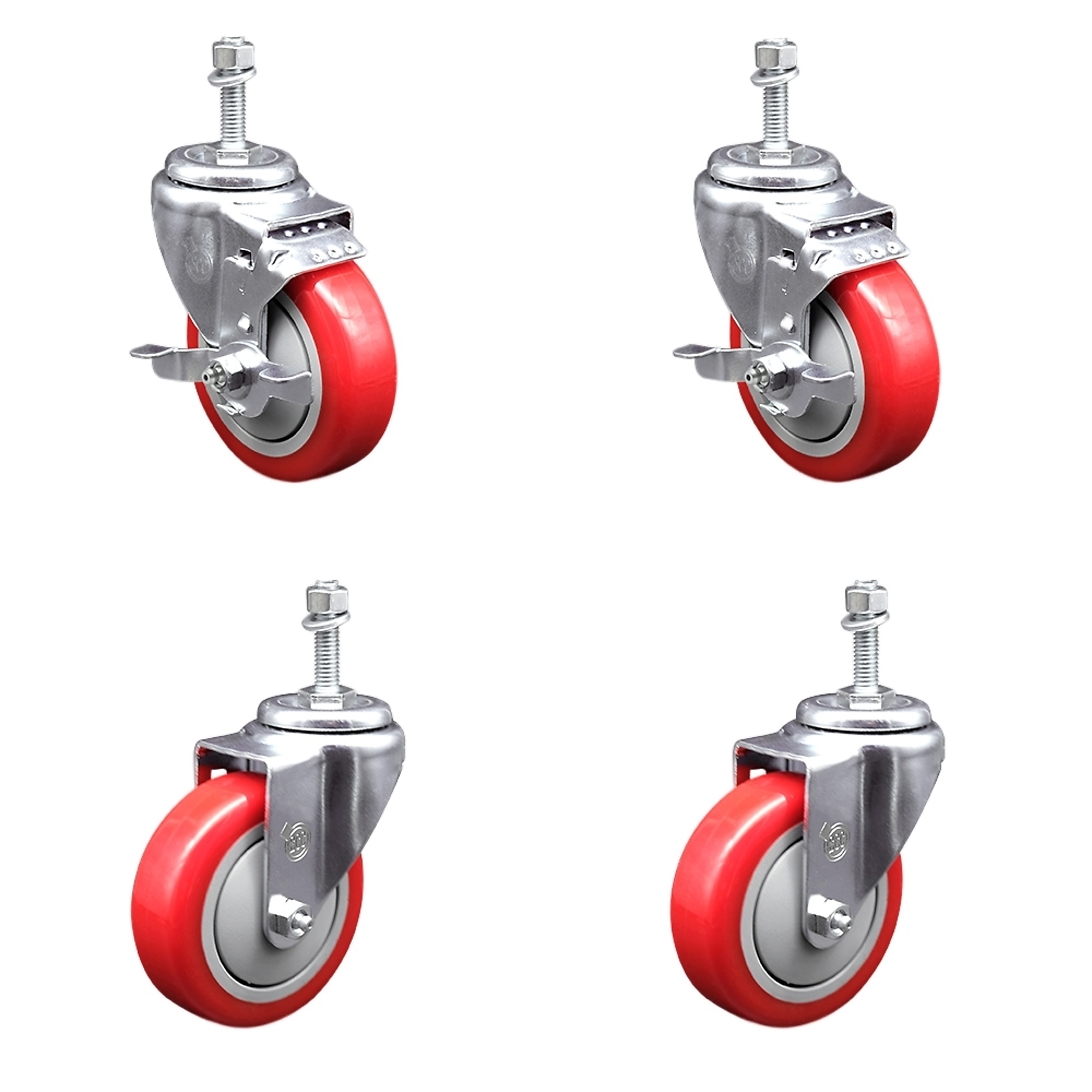 Service Caster, 4Inch x 1 1/4Inch Stem Casters, Wheel Diameter 4 in, Caster Type Swivel, Package (qty.) 4, Model SCC-TS20S414-PPUB-RED-TLB-381615-2S2