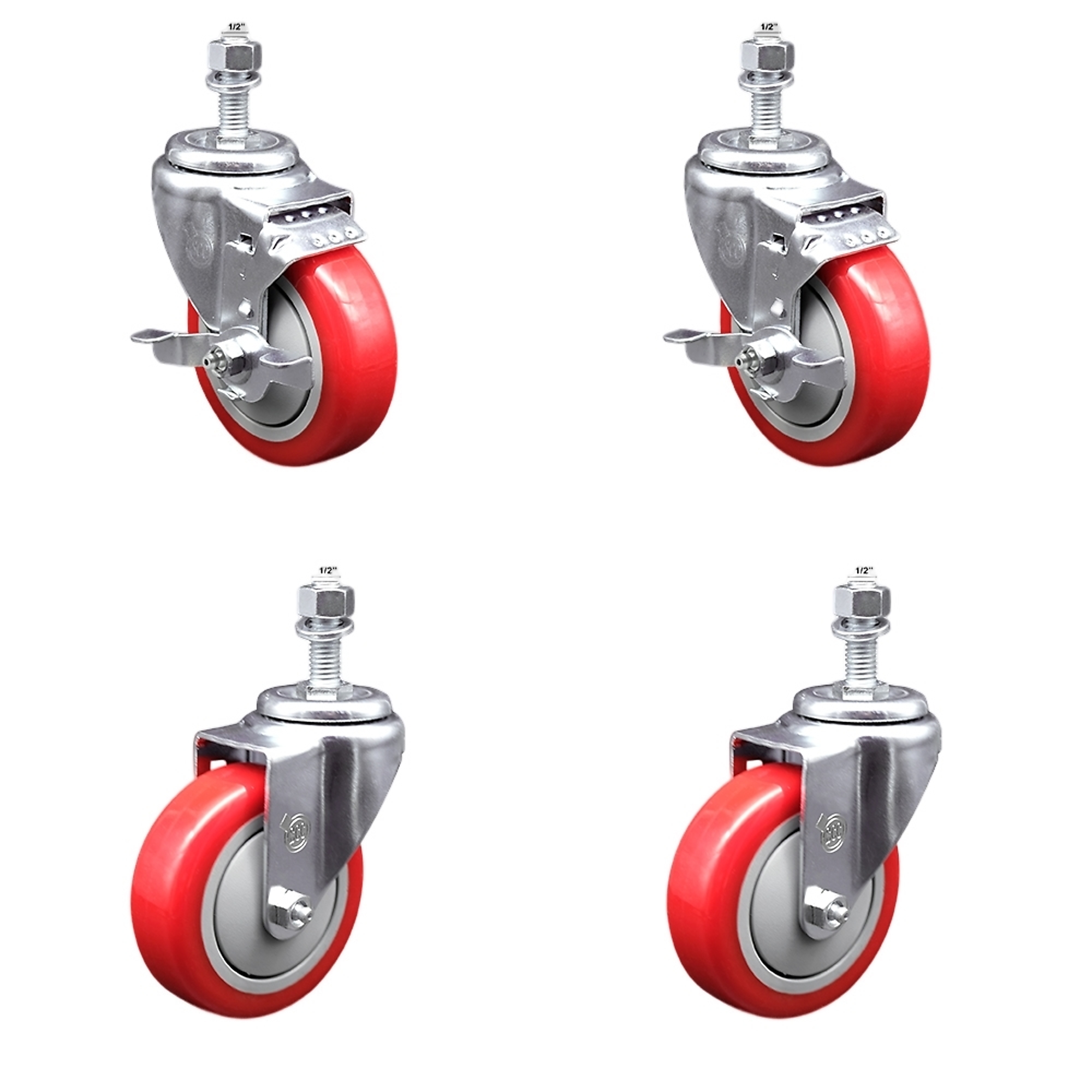 Service Caster, 4Inch x 1 1/4Inch Stem Casters, Wheel Diameter 4 in, Caster Type Swivel, Package (qty.) 4, Model SSTS20S414-PPUB-RED-TLB-121315-2-S-2