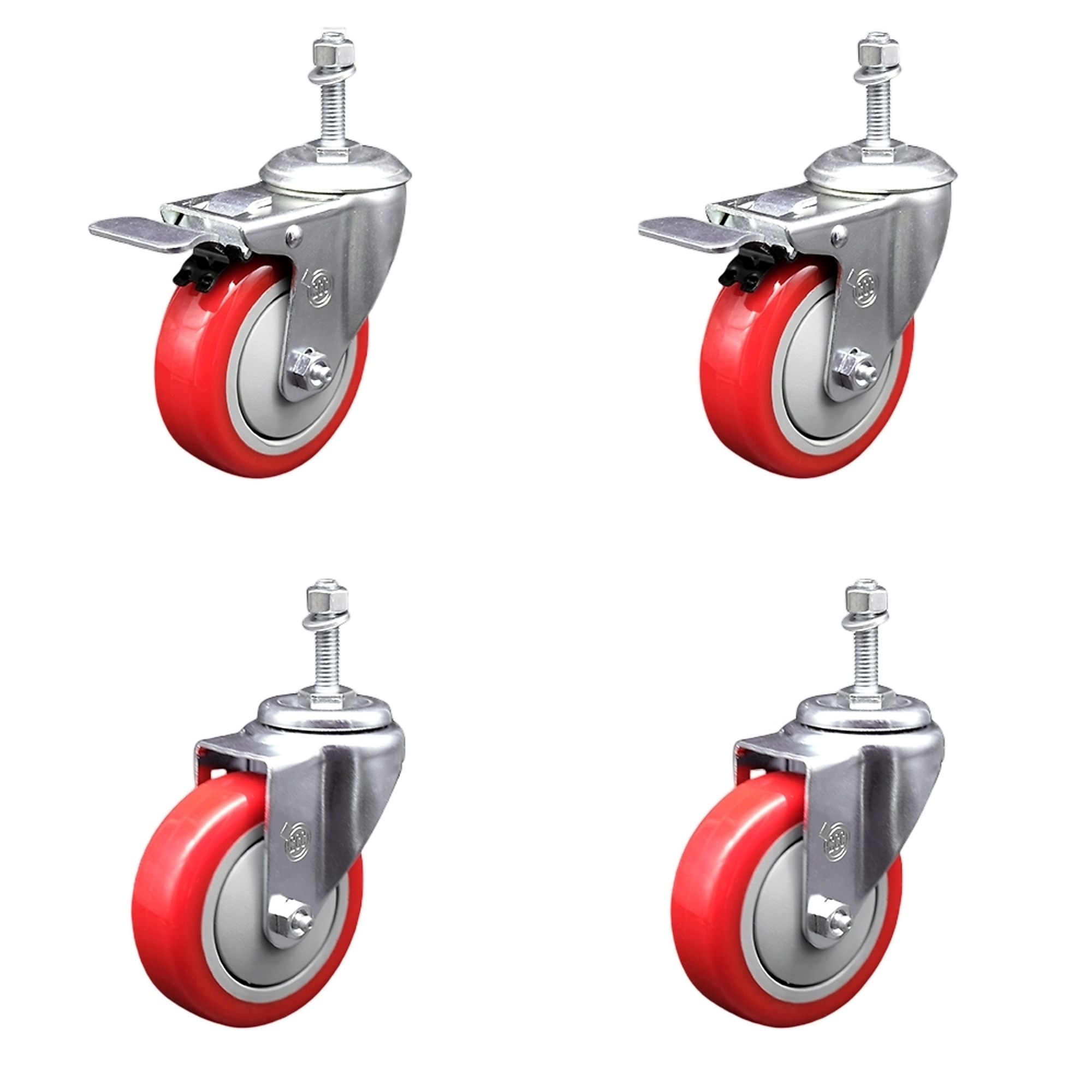 Service Caster, 3Inch x 1 1/4Inch Stem Casters, Wheel Diameter 3 in, Caster Type Swivel, Package (qty.) 4, Model SCC-TSTTL20S314-PPUB-RED-381615-2-S2