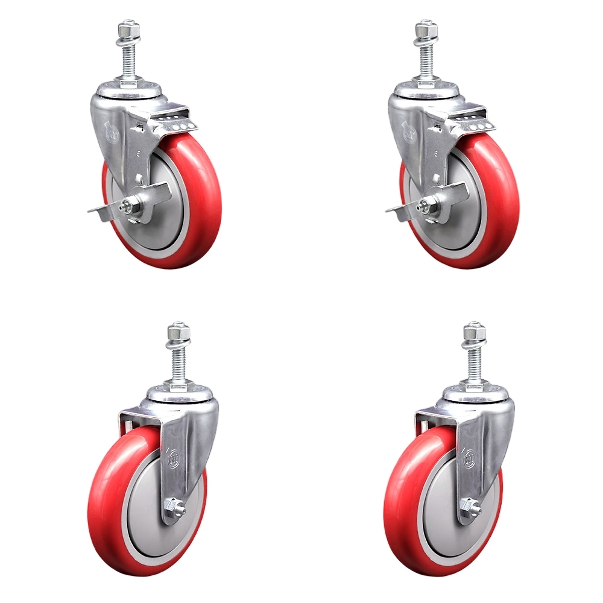 Service Caster, 5Inch x 1 1/4Inch Stem Casters, Wheel Diameter 5 in, Caster Type Swivel, Package (qty.) 4, Model SCC-TS20S514-PPUB-RED-TLB-381615-2S2