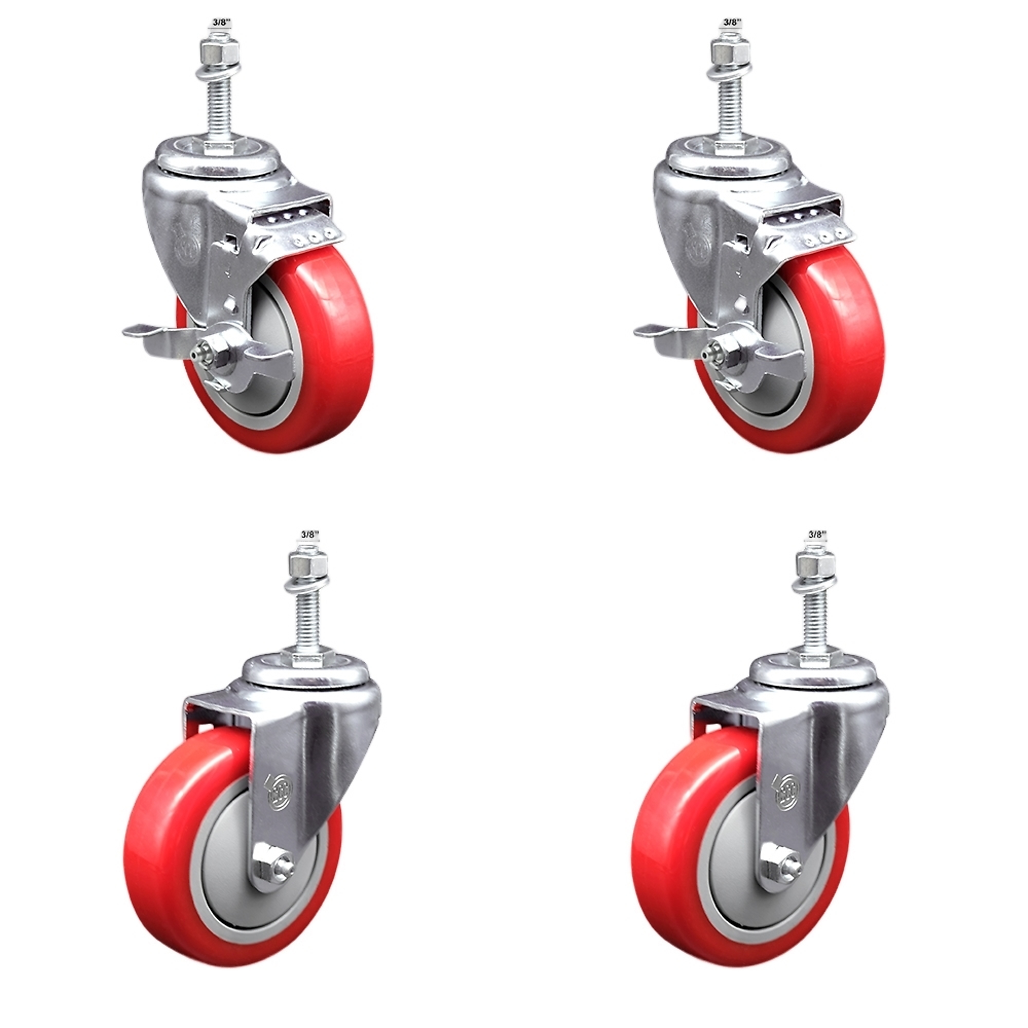 Service Caster, 4Inch x 1 1/4Inch Stem Casters, Wheel Diameter 4 in, Caster Type Swivel, Package (qty.) 4, Model SSTS20S414-PPUB-RED-TLB-381615-2-S-2