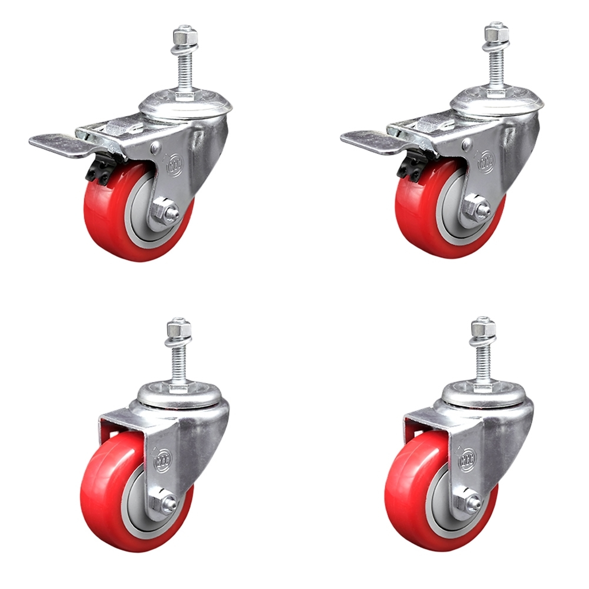 Service Caster, 3Inch x 1 1/4Inch Stem Casters, Wheel Diameter 3 in, Caster Type Swivel, Package (qty.) 4, Model SCC-TSTTL20S314-PPUB-RED-M1015-2-S-2