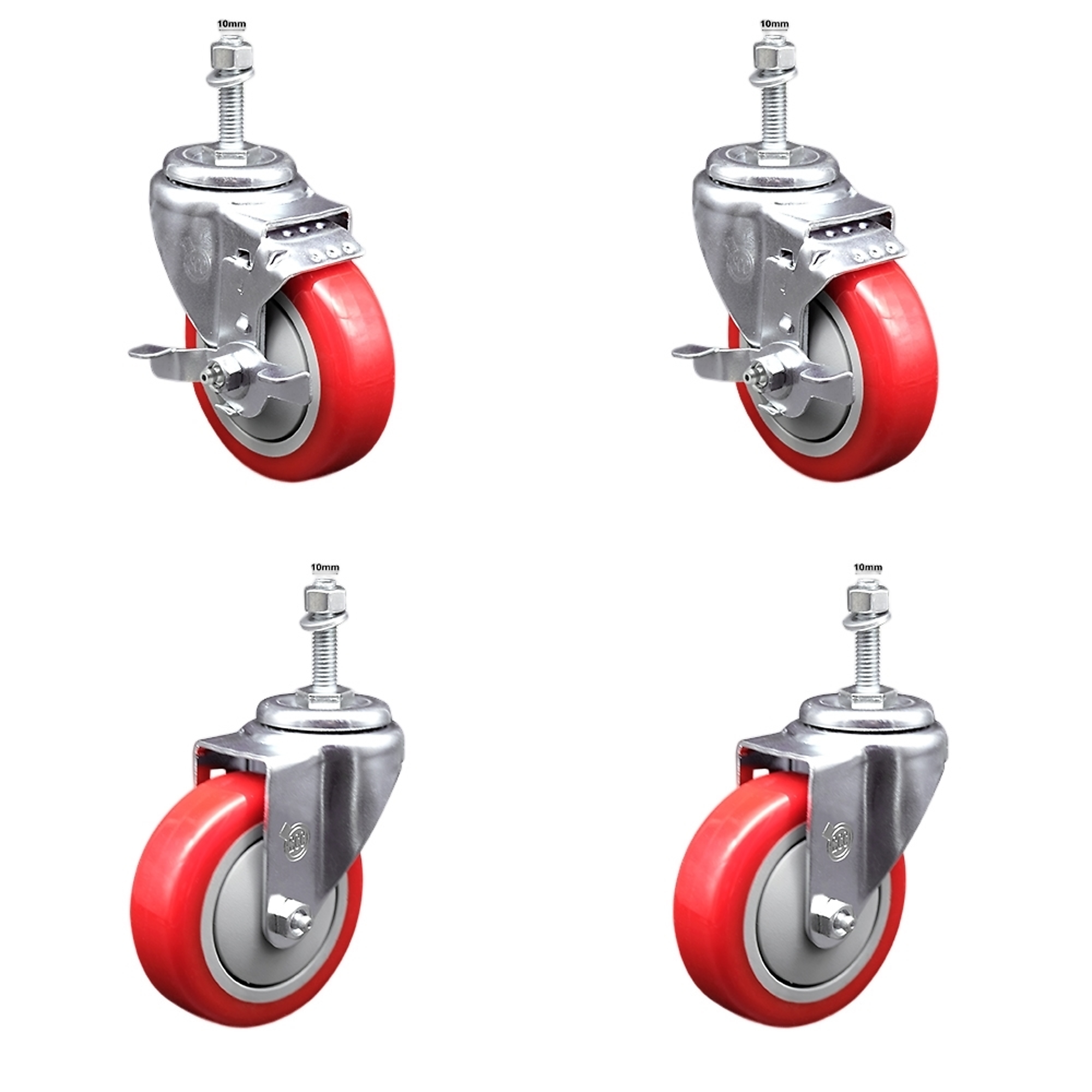 Service Caster, 4Inch x 1 1/4Inch Stem Casters, Wheel Diameter 4 in, Caster Type Swivel, Package (qty.) 4, Model SSTS20S414-PPUB-RED-TLB-M1015-2-S-2