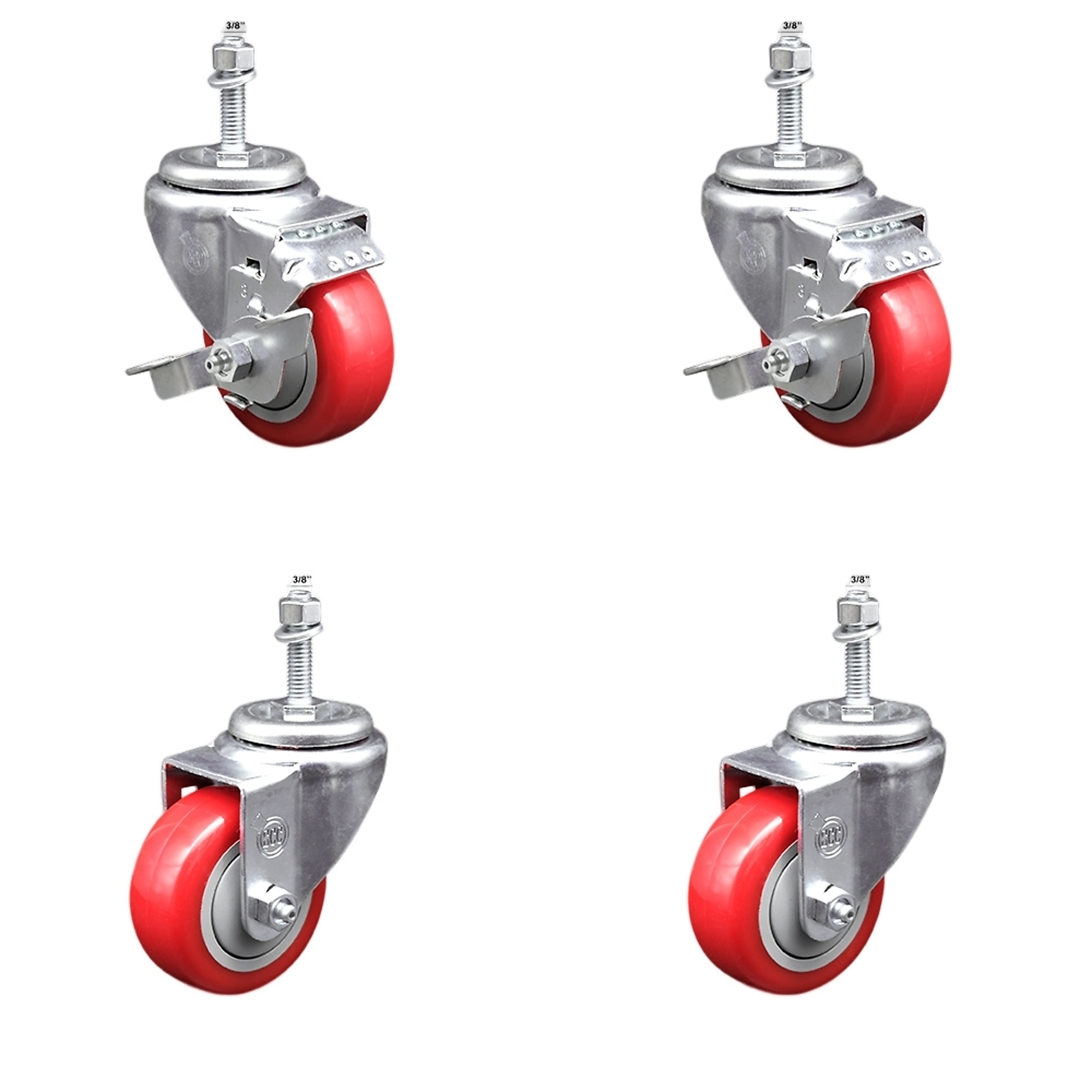 Service Caster, 3Inch x 1 1/4Inch Stem Casters, Wheel Diameter 3 in, Caster Type Swivel, Package (qty.) 4, Model SSTS20S314-PPUB-RED-TLB-381615-2-S-2