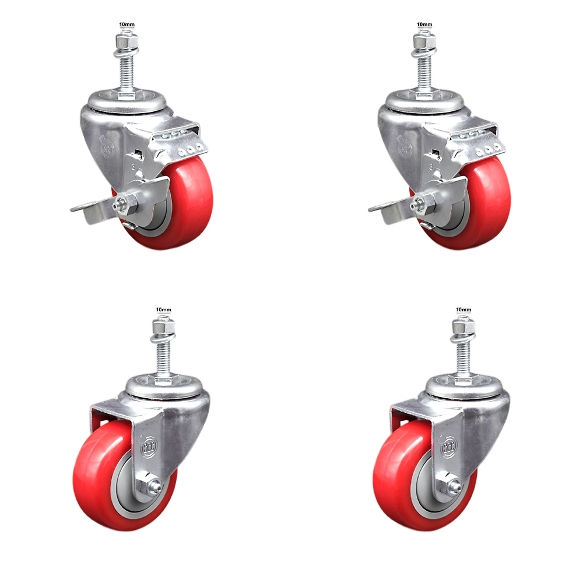 Service Caster, 3Inch x 1 1/4Inch Stem Casters, Wheel Diameter 3 in, Caster Type Swivel, Package (qty.) 4, Model SSTS20S314-PPUB-RED-TLB-M1015-2-S-2