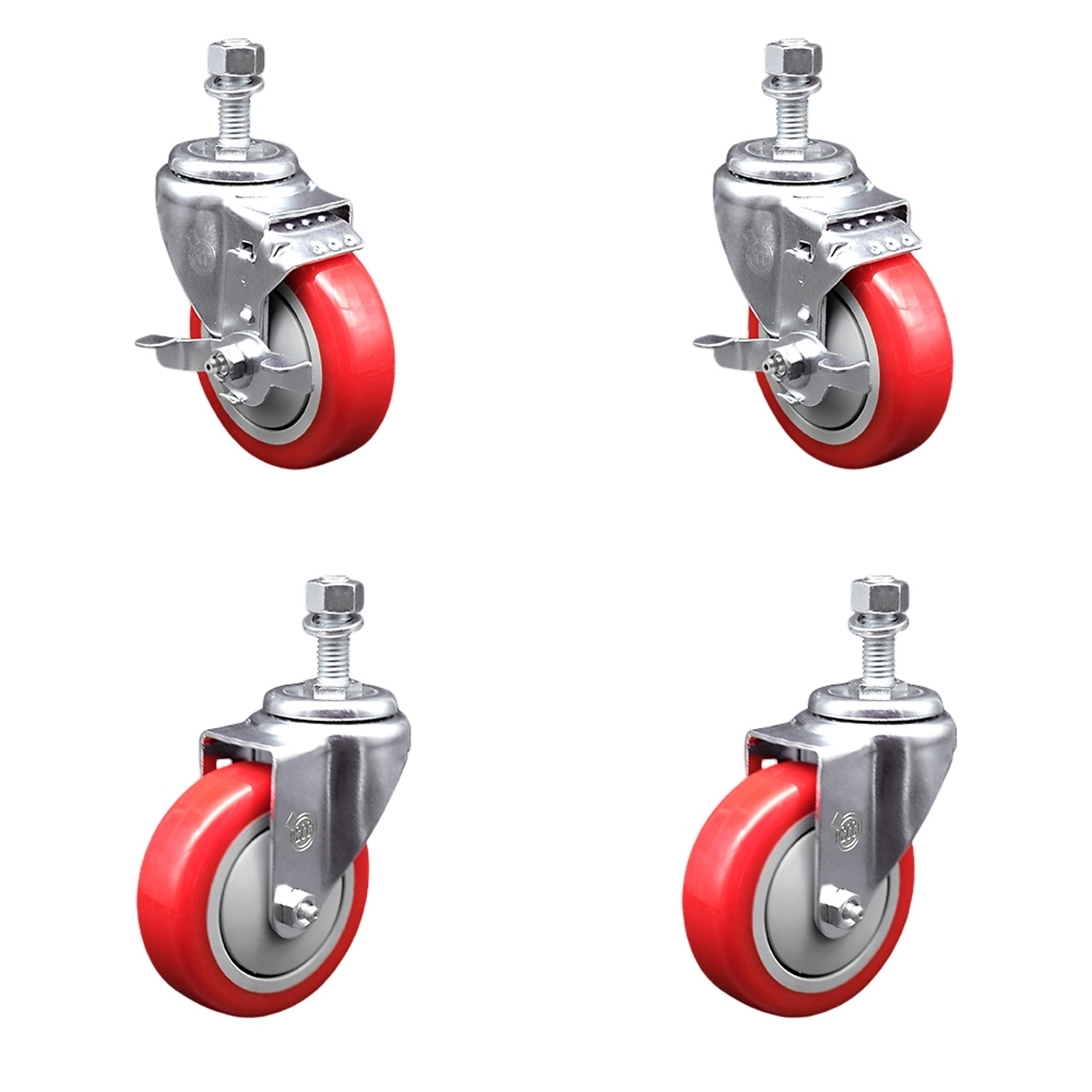 Service Caster, 4Inch x 1 1/4Inch Stem Casters, Wheel Diameter 4 in, Caster Type Swivel, Package (qty.) 4, Model SCC-TS20S414-PPUB-RED-TLB-M1215-2-S2