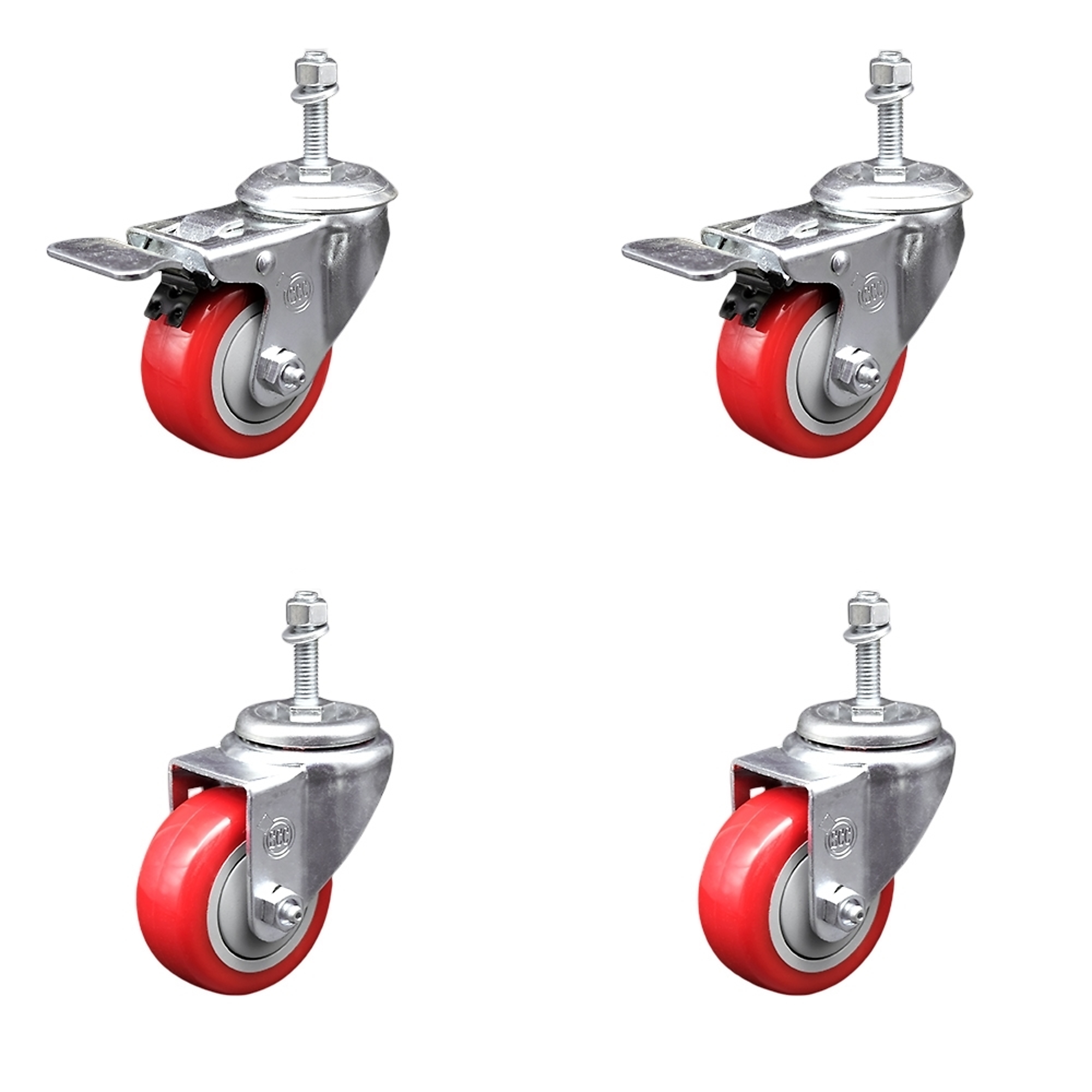 Service Caster, 3Inch x 1 1/4Inch Stem Casters, Wheel Diameter 3 in, Caster Type Swivel, Package (qty.) 4, Model SCC-SSTSTTL20S314-PPUB-RED-M1015-2S2