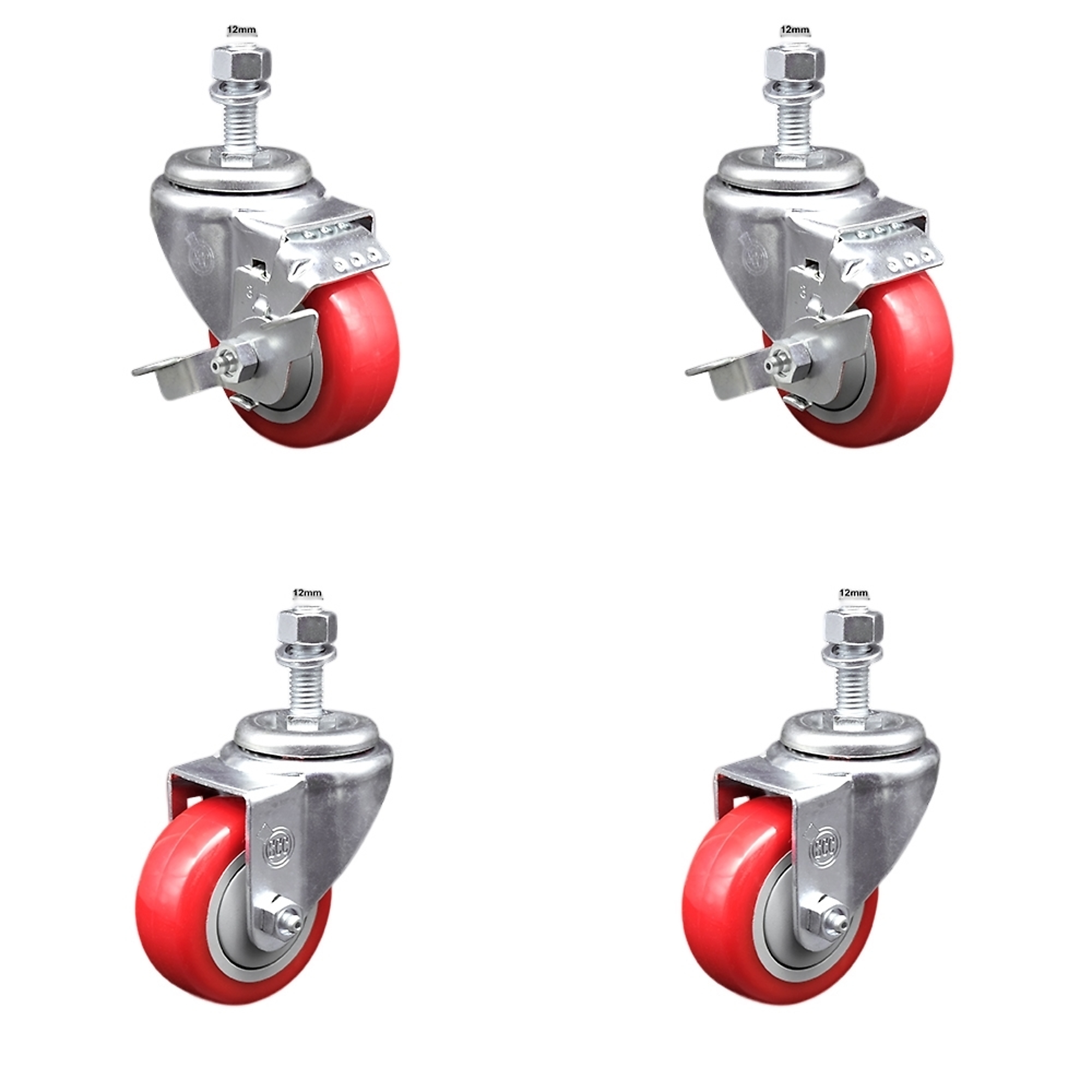 Service Caster, 3Inch x 1 1/4Inch Stem Casters, Wheel Diameter 3 in, Caster Type Swivel, Package (qty.) 4, Model SSTS20S314-PPUB-RED-TLB-M1215-2-S-2