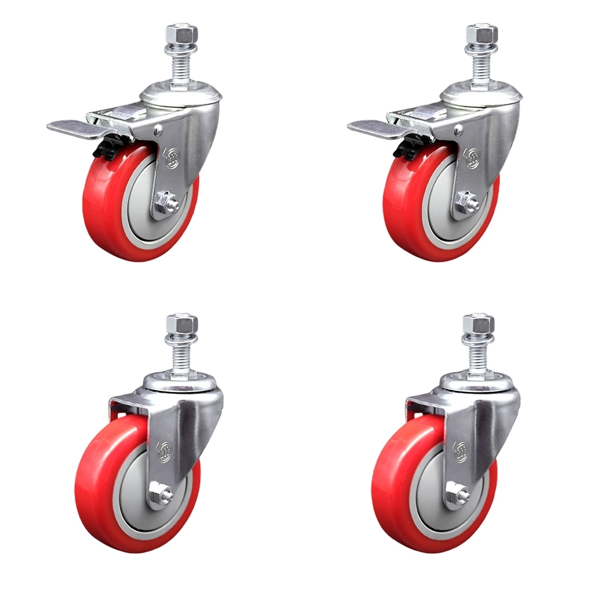 Service Caster, 4Inch x 1 1/4Inch Stem Casters, Wheel Diameter 4 in, Caster Type Swivel, Package (qty.) 4, Model SCC-TSTTL20S414-PPUB-RED-M1215-2-S-2