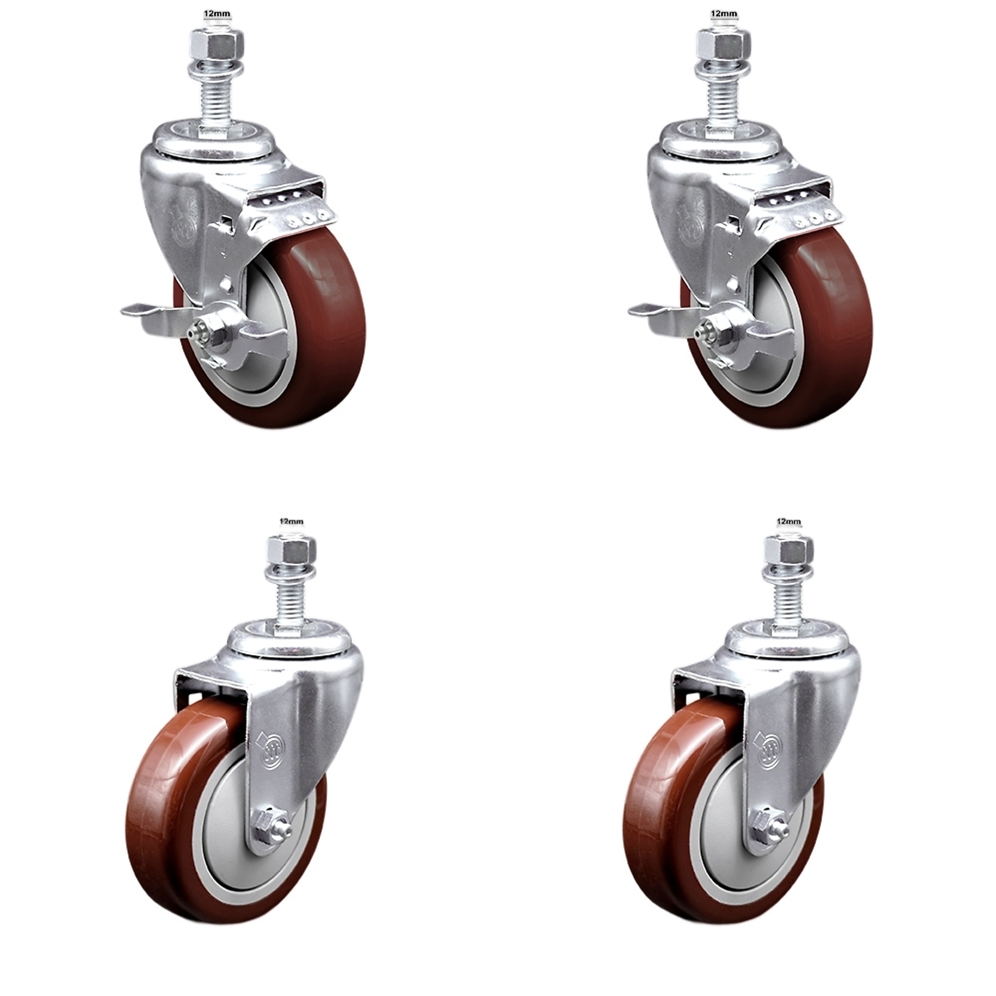 Service Caster, 4Inch x 1 1/4Inch Stem Casters, Wheel Diameter 4 in, Caster Type Swivel, Package (qty.) 4, Model SSTS20S414-PPUB-MRN-TLB-M1215-2-S-2