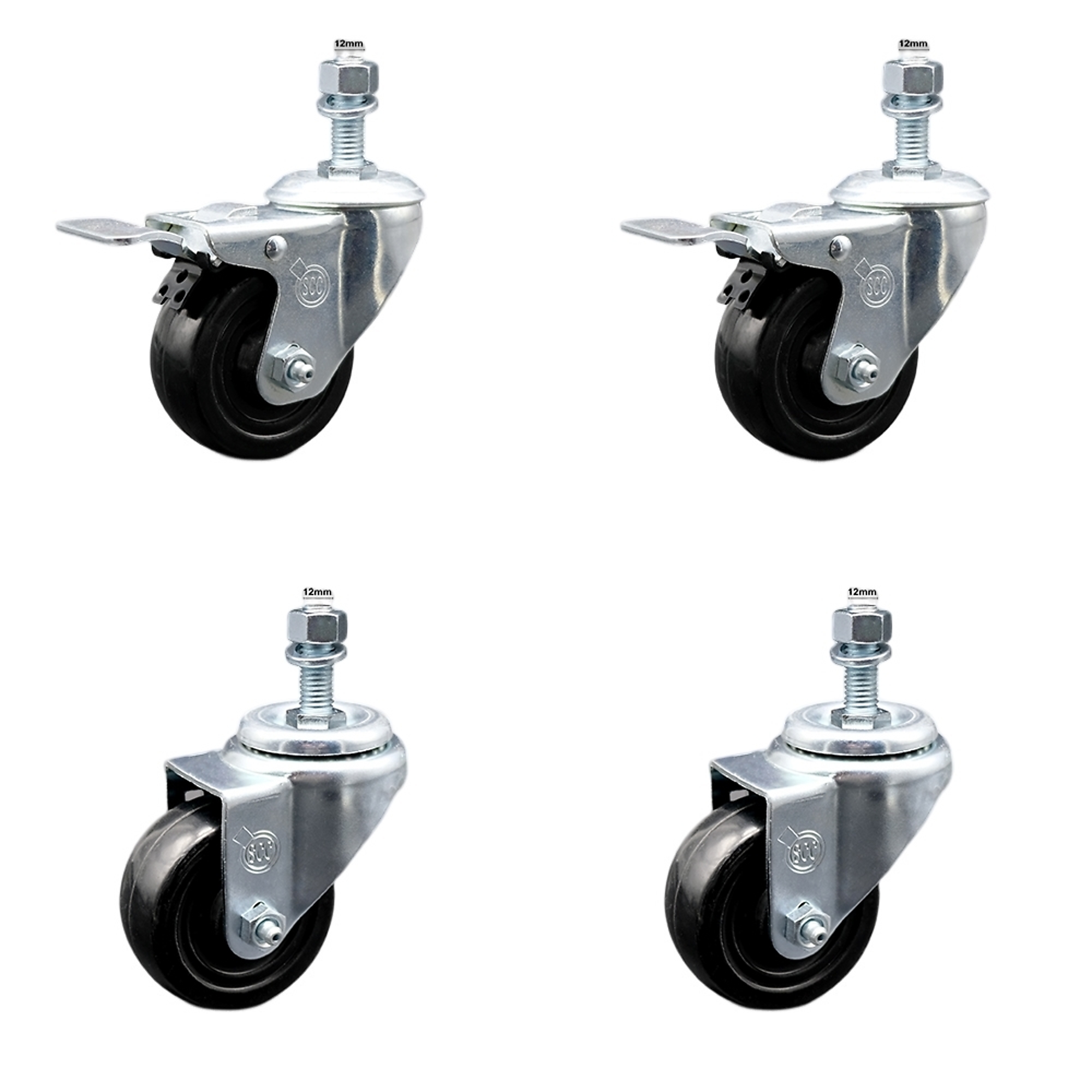 Service Caster, 3Inch x 1 1/4Inch Stem Casters, Wheel Diameter 3 in, Caster Type Swivel, Package (qty.) 4, Model SCC-SSTSTTL20S314-HRS-M1215-2-S-2