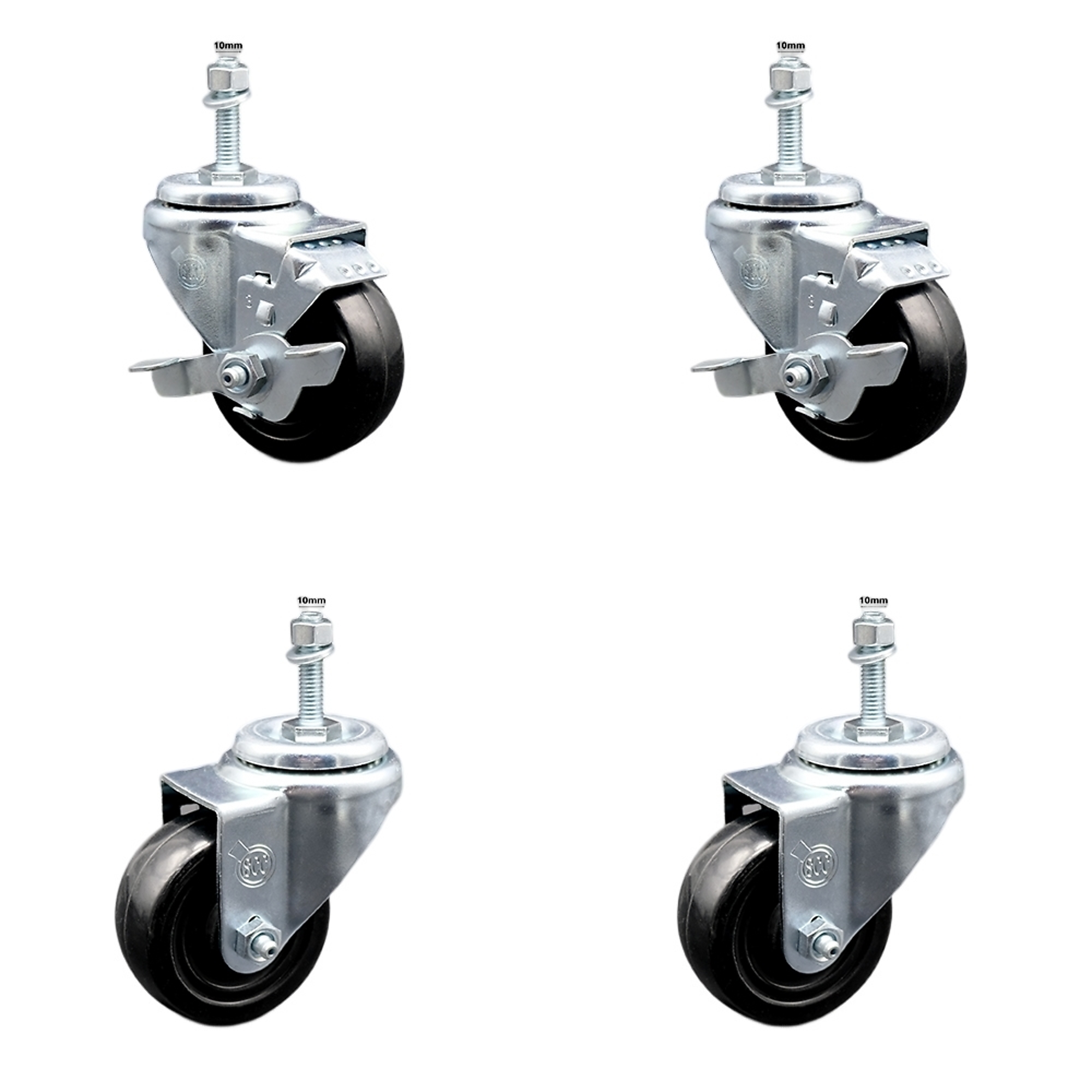 Service Caster, 3Inch x 1 1/4Inch Stem Casters, Wheel Diameter 3 in, Caster Type Swivel, Package (qty.) 4, Model SCC-SSTS20S314-HRS-M1015-2-TLB-2