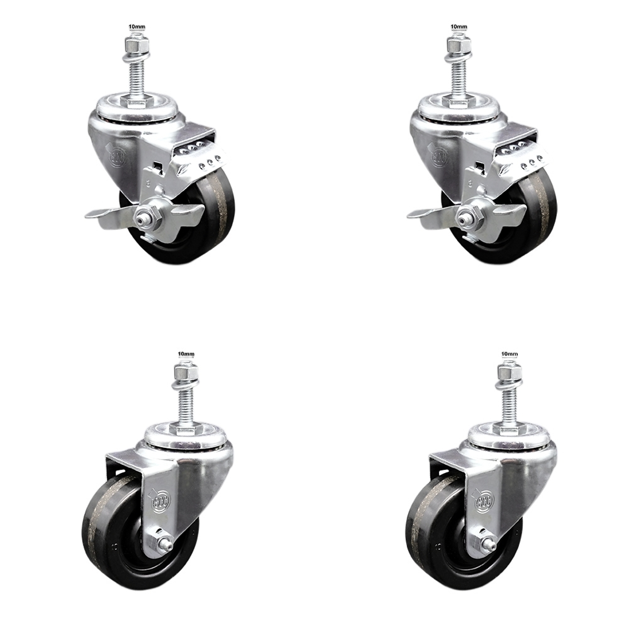 Service Caster, 3Inch x 1 1/4Inch Stem Casters, Wheel Diameter 3 in, Caster Type Swivel, Package (qty.) 4, Model SCC-SSTS20S314-PHS-M1015-2-TLB-2