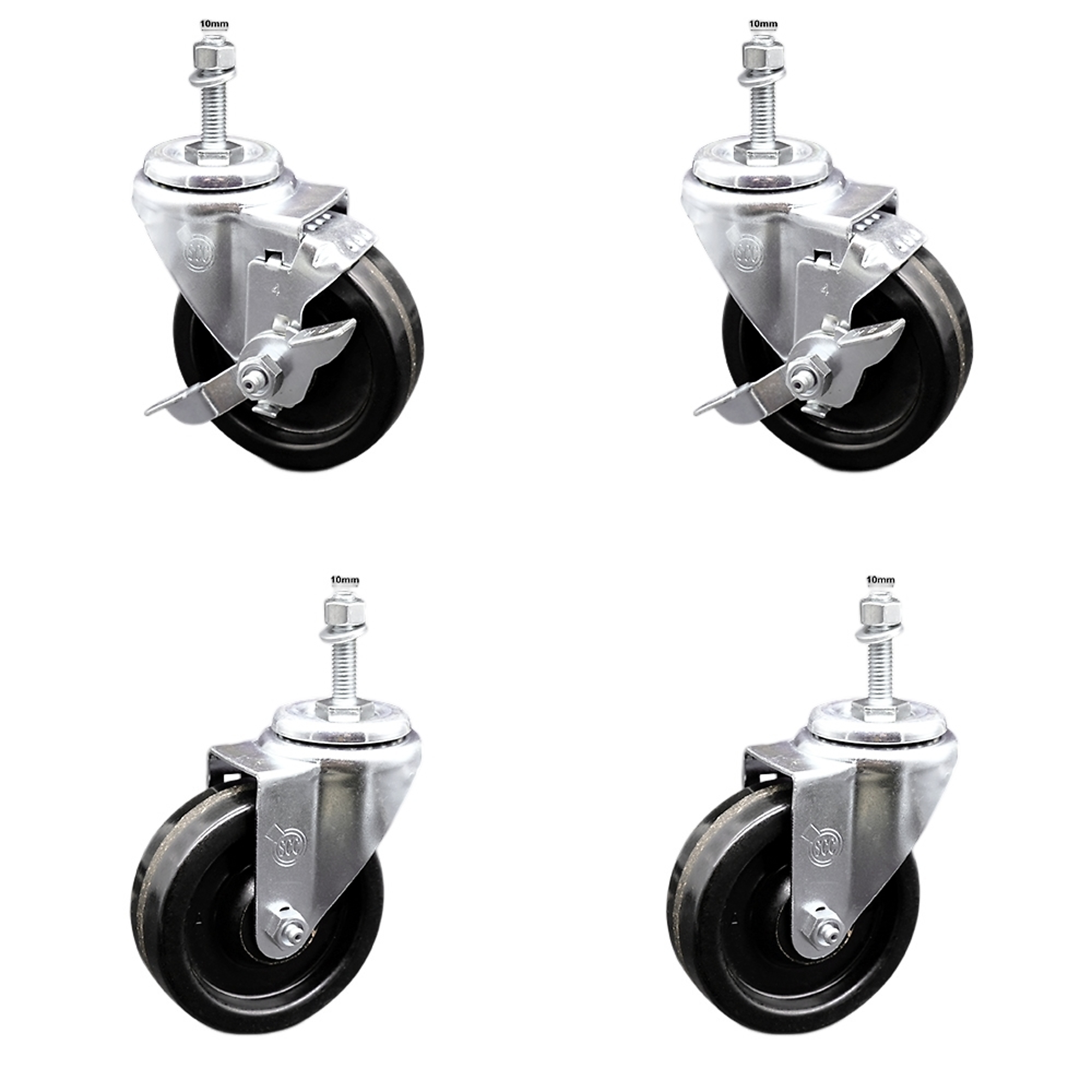 Service Caster, 4Inch x 1 1/4Inch Stem Casters, Wheel Diameter 4 in, Caster Type Swivel, Package (qty.) 4, Model SCC-SSTS20S414-PHS-M1015-2-TLB-2