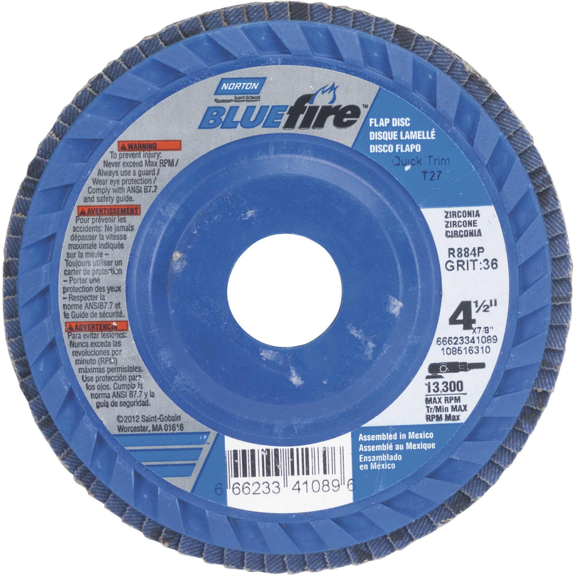 Norton Bluefire Type 27 Flap Disc, 2-Pack, 4 1/2Inch x 7/8Inch, Zirconia Alumina, 36 Grit