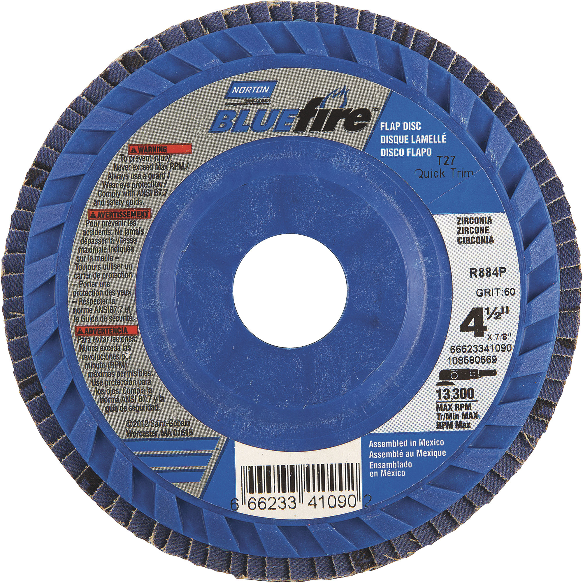 Norton Bluefire Type 27 Flap Disc, 2-Pack, 4 1/2Inch x 7/8Inch, Zirconia Alumina, 60 Grit