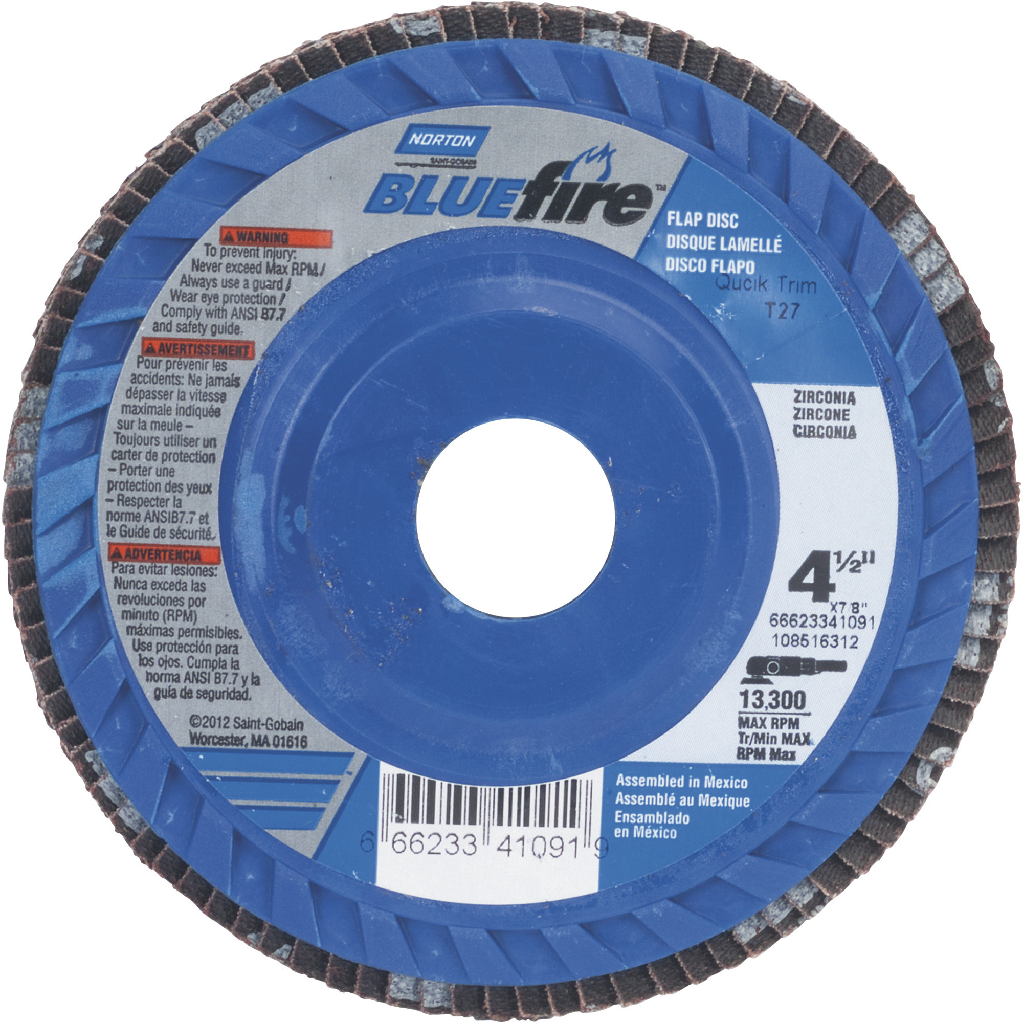 Norton Bluefire Type 27 Flap Disc, 2-Pack, 4 1/2Inch x 7/8Inch, Zirconia Alumina, 80 Grit