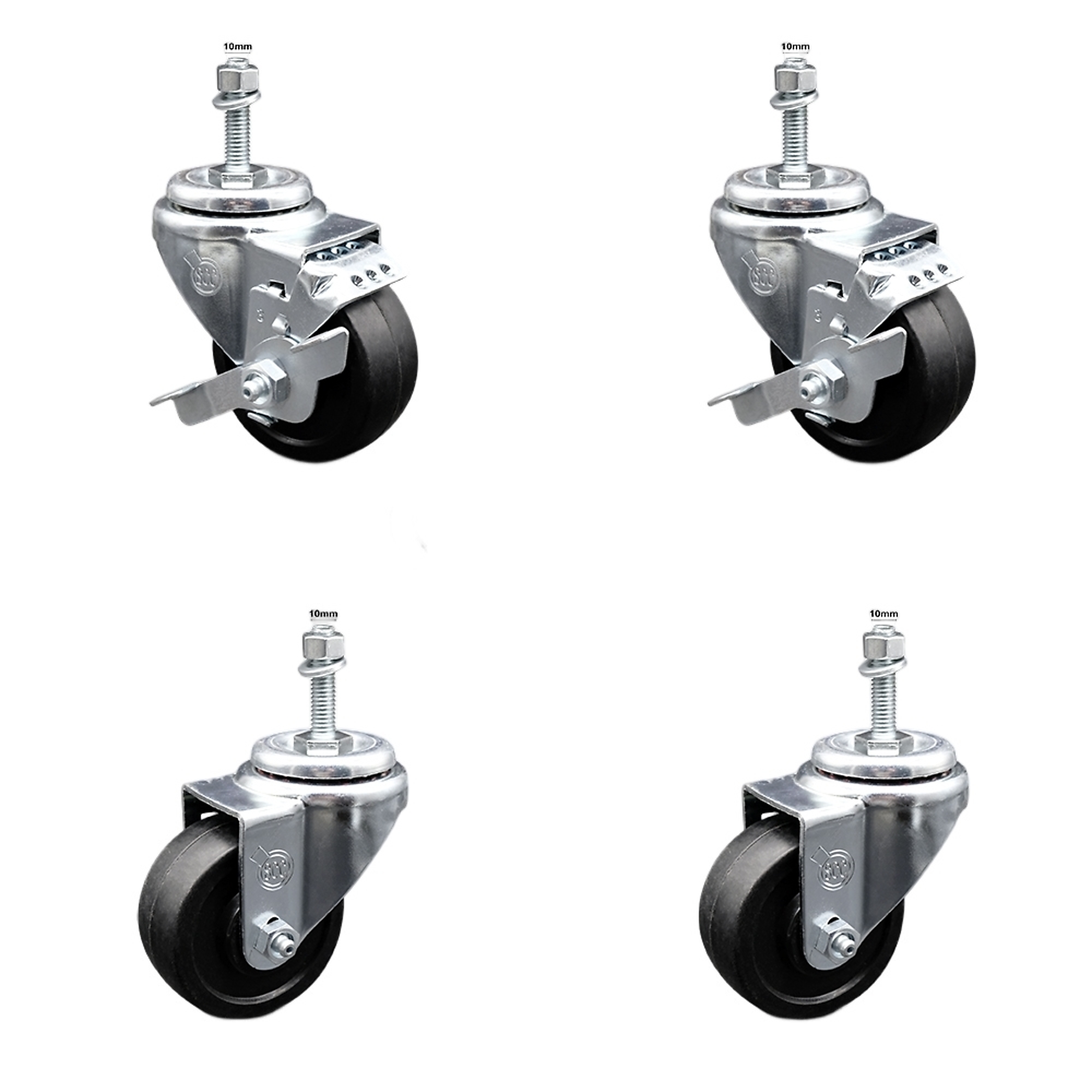 Service Caster, 3Inch x 1 1/4Inch Stem Casters, Wheel Diameter 3 in, Caster Type Swivel, Package (qty.) 4, Model SCC-TS20S314-SRS-M1015-2-TLB-2