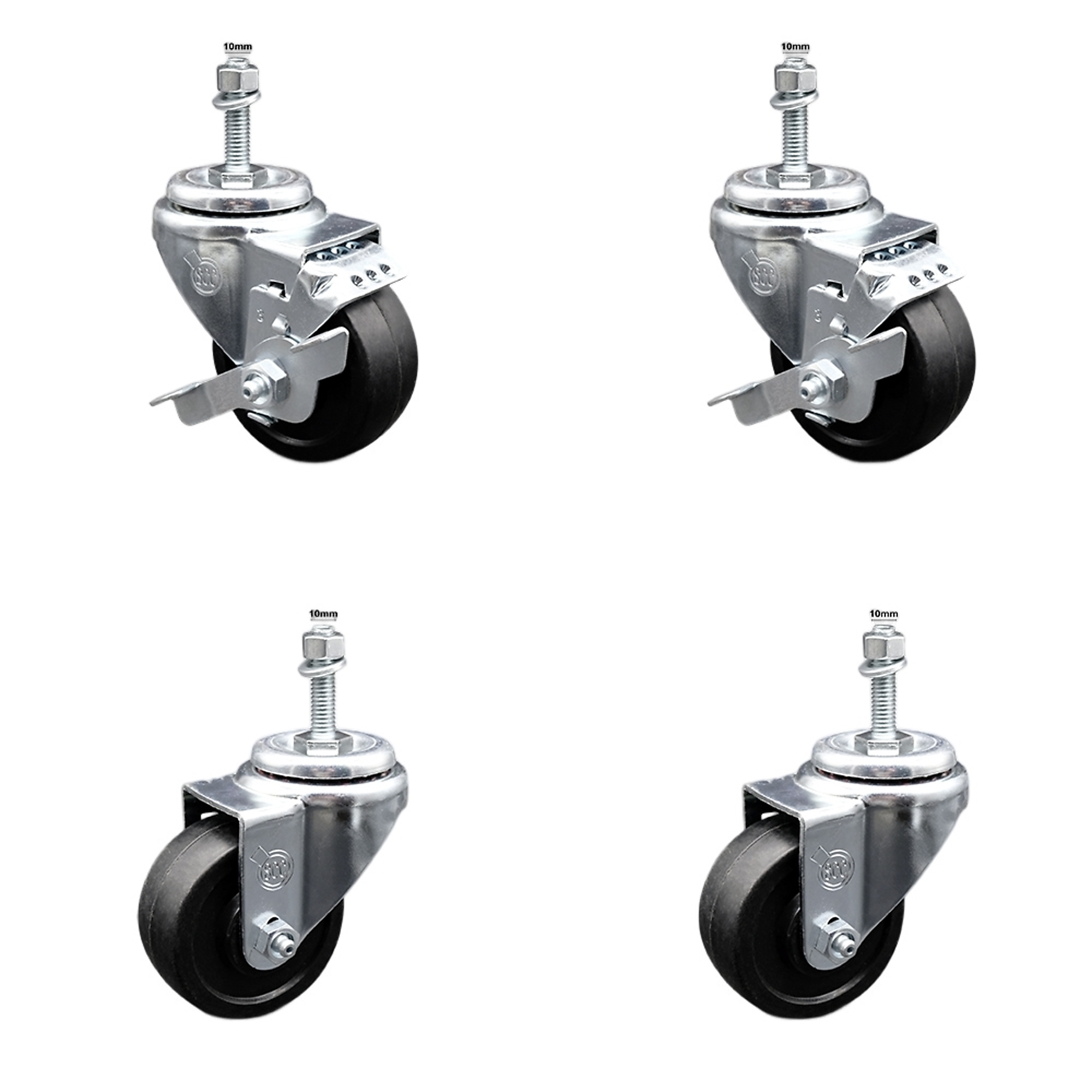 Service Caster, 3Inch x 1 1/4Inch Stem Casters, Wheel Diameter 3 in, Caster Type Swivel, Package (qty.) 4, Model SCC-SSTS20S314-SRS-M1015-2-TLB-2