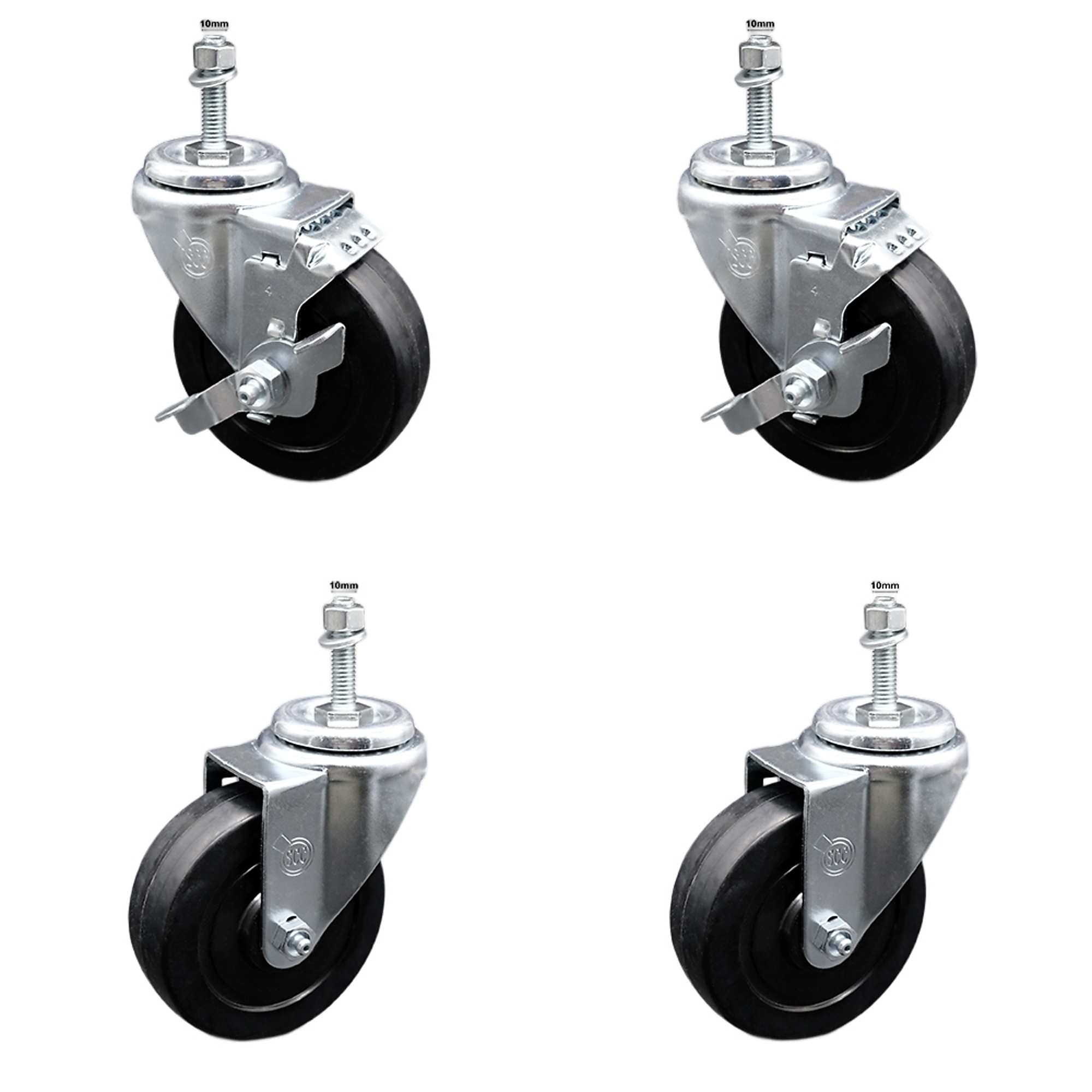 Service Caster, 4Inch x 1 1/4Inch Stem Casters, Wheel Diameter 4 in, Caster Type Swivel, Package (qty.) 4, Model SCC-SSTS20S414-SRS-M1015-2-TLB-2