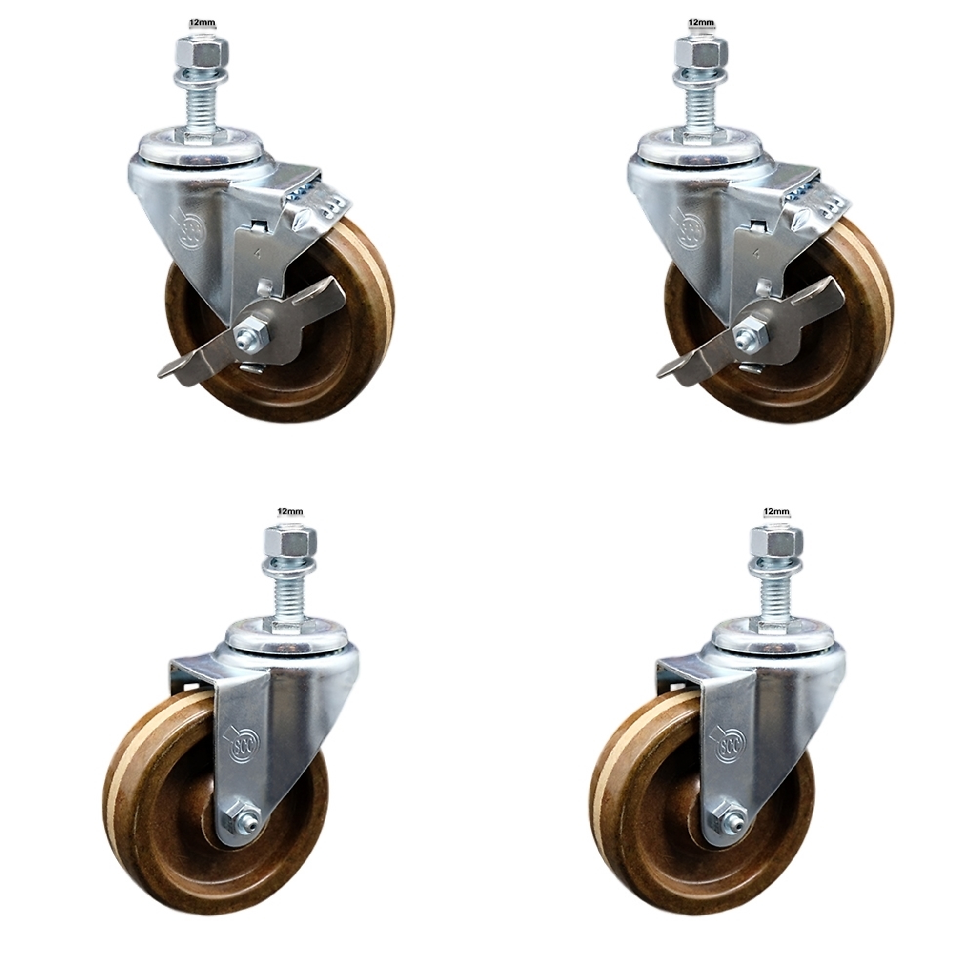 Service Caster, 4Inch x 1 1/4Inch Stem Casters, Wheel Diameter 4 in, Caster Type Swivel, Package (qty.) 4, Model SCC-SSTS20S414-PHSHT-M1215-2-TLB-2