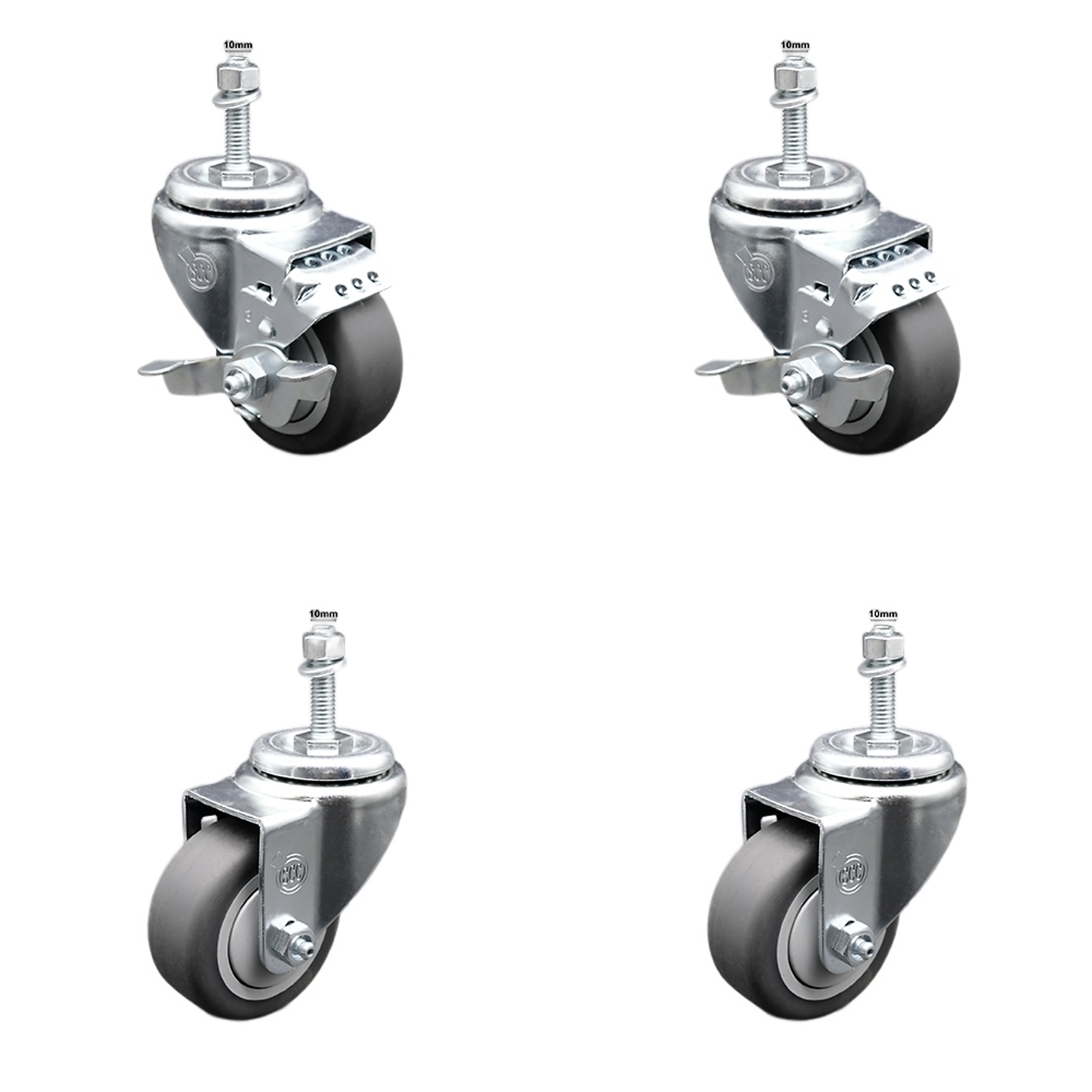 Service Caster, 3Inch x 1 1/4Inch Stem Casters, Wheel Diameter 3 in, Caster Type Swivel, Package (qty.) 4, Model SCC-SSTS20S314-TPRB-M1015-2-TLB-2