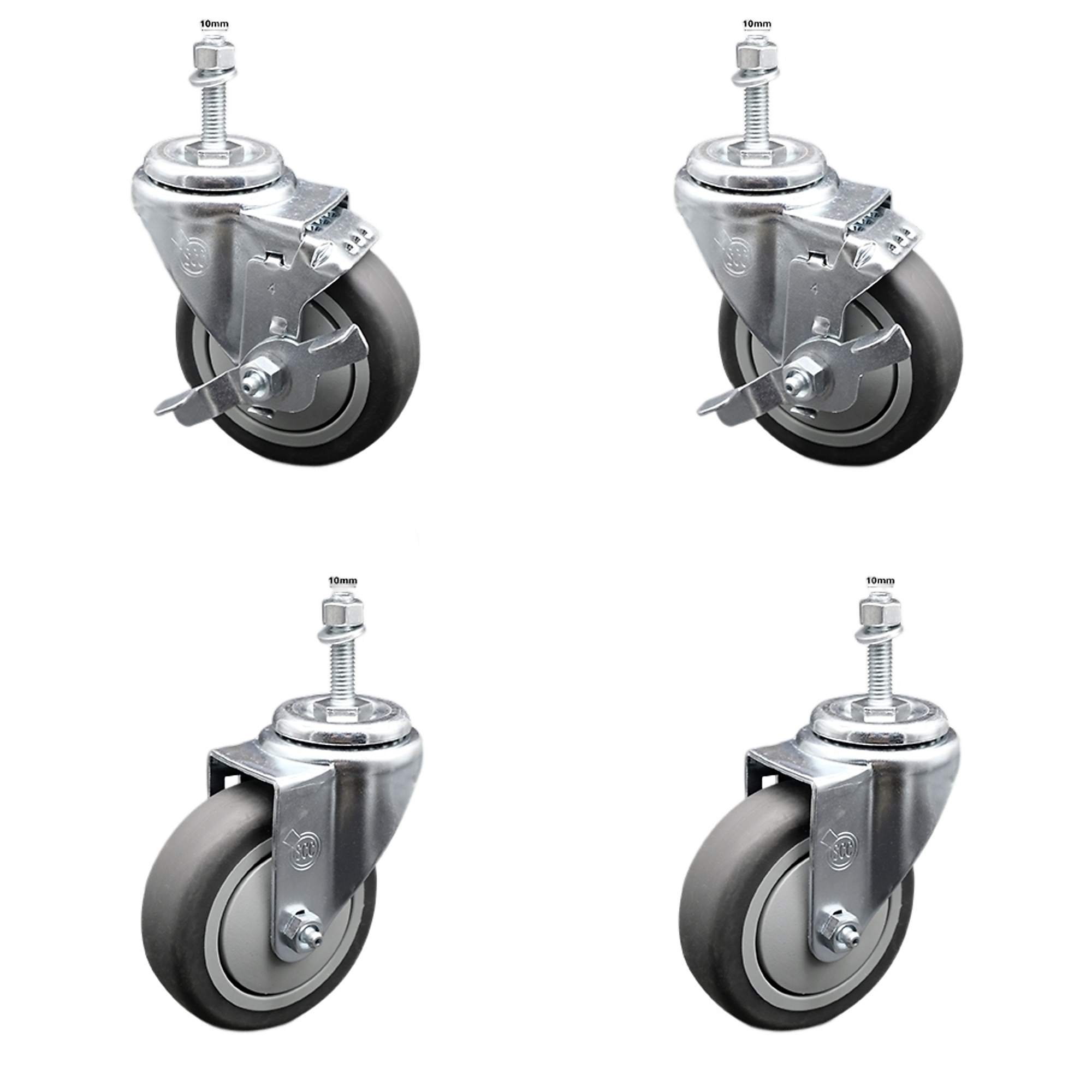 Service Caster, 4Inch x 1 1/4Inch Stem Casters, Wheel Diameter 4 in, Caster Type Swivel, Package (qty.) 4, Model SCC-TS20S414-TPRB-M1015-2-TLB-2