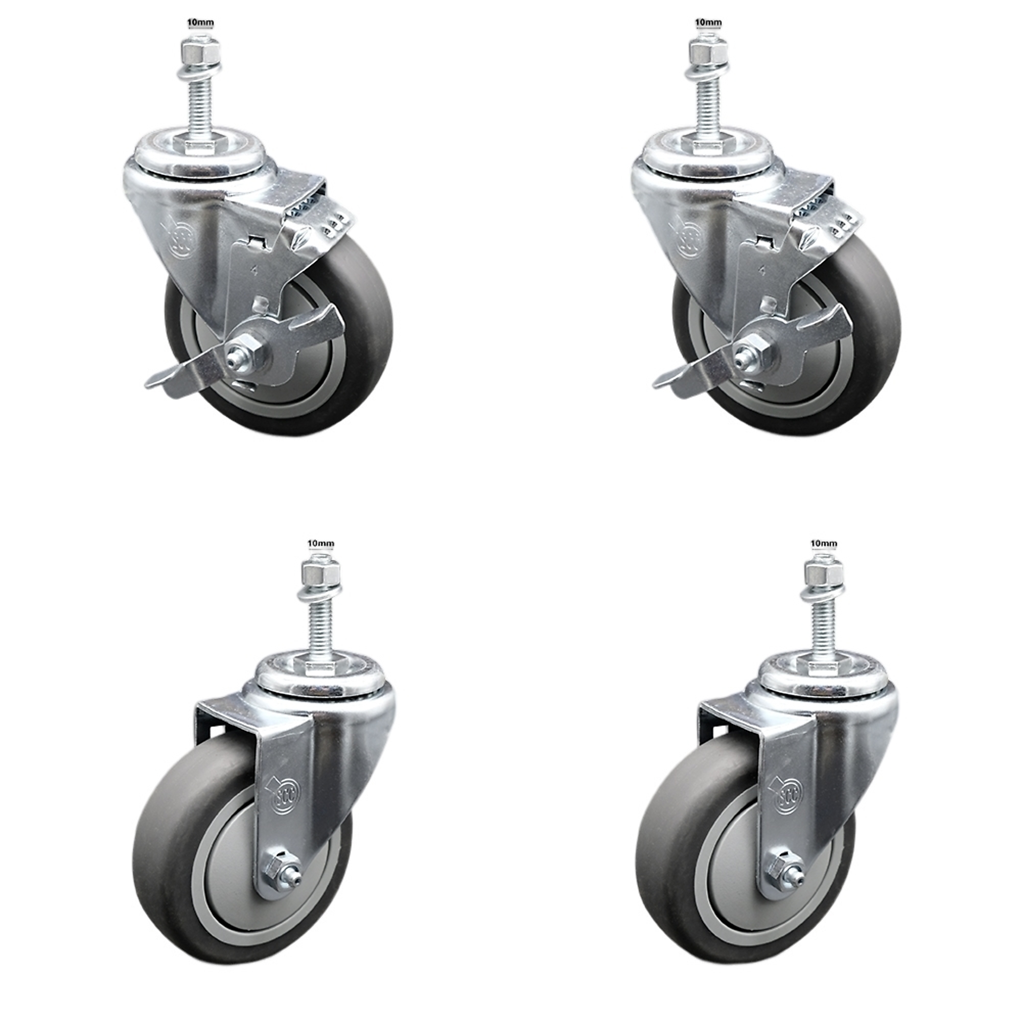 Service Caster, 4Inch x 1 1/4Inch Stem Casters, Wheel Diameter 4 in, Caster Type Swivel, Package (qty.) 4, Model SCC-SSTS20S414-TPRB-M1015-2-TLB-2