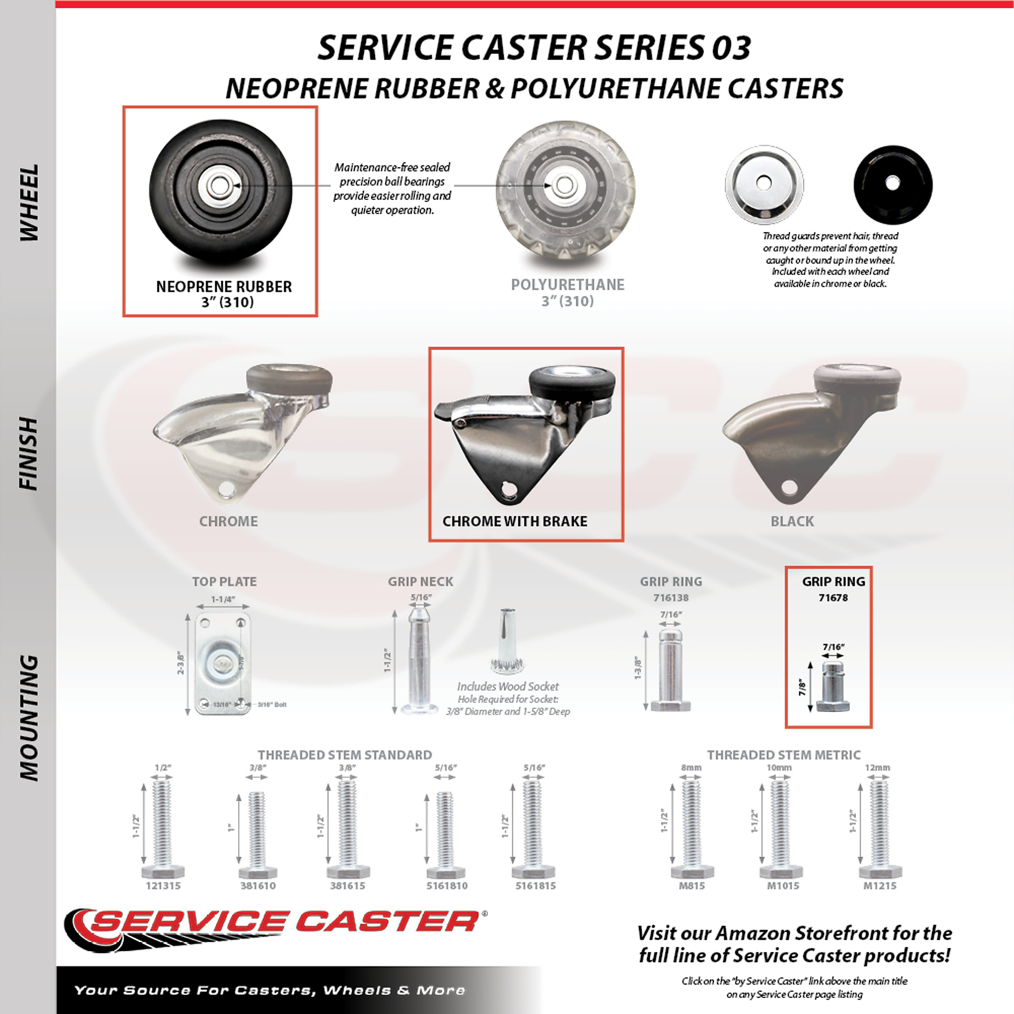 Service Caster, 3Inch Stem Caster, Wheel Diameter 3 in, Caster Type Swivel, Package (qty.) 1, Model SCC-GR03S310-NPRB-BC-B-716138