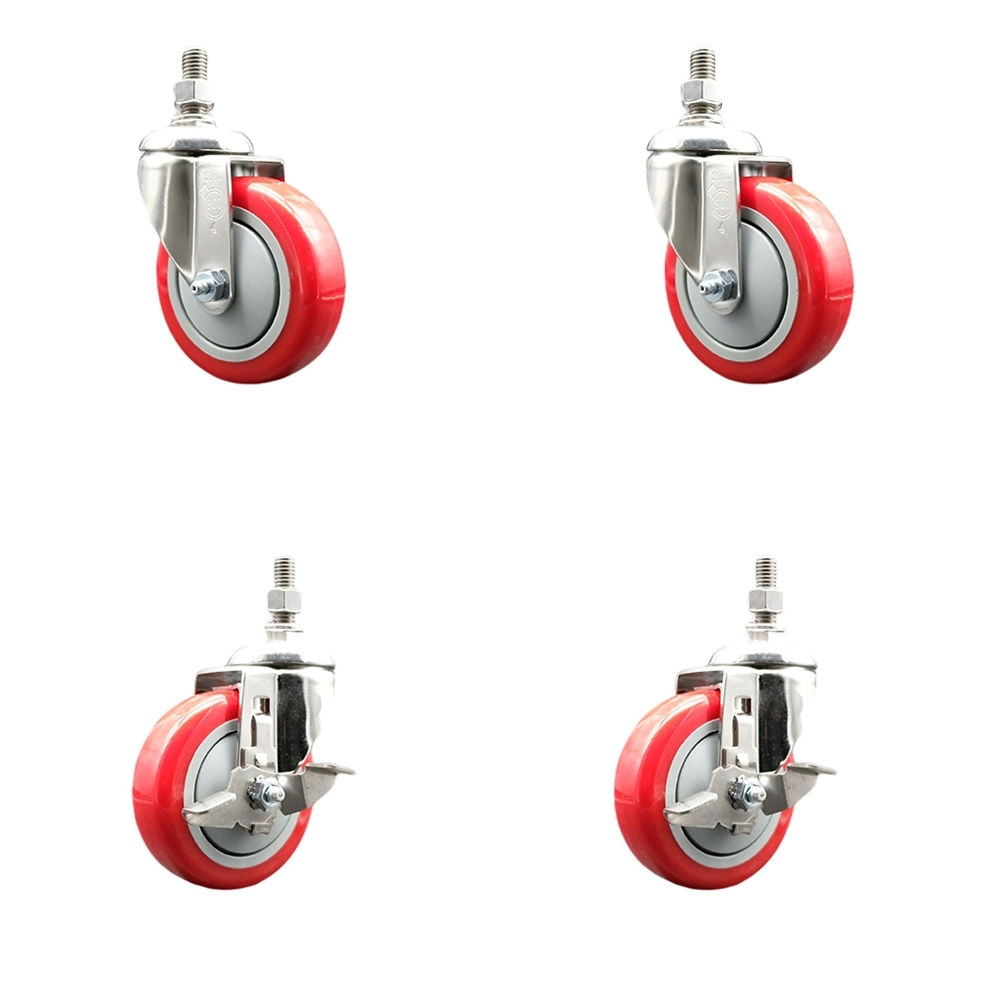 Service Caster, 4Inch x 1 1/4Inch Stem Casters, Wheel Diameter 4 in, Caster Type Swivel, Package (qty.) 4, Model SS316TS20S414-PPUB-RED-381615-2-TLB2