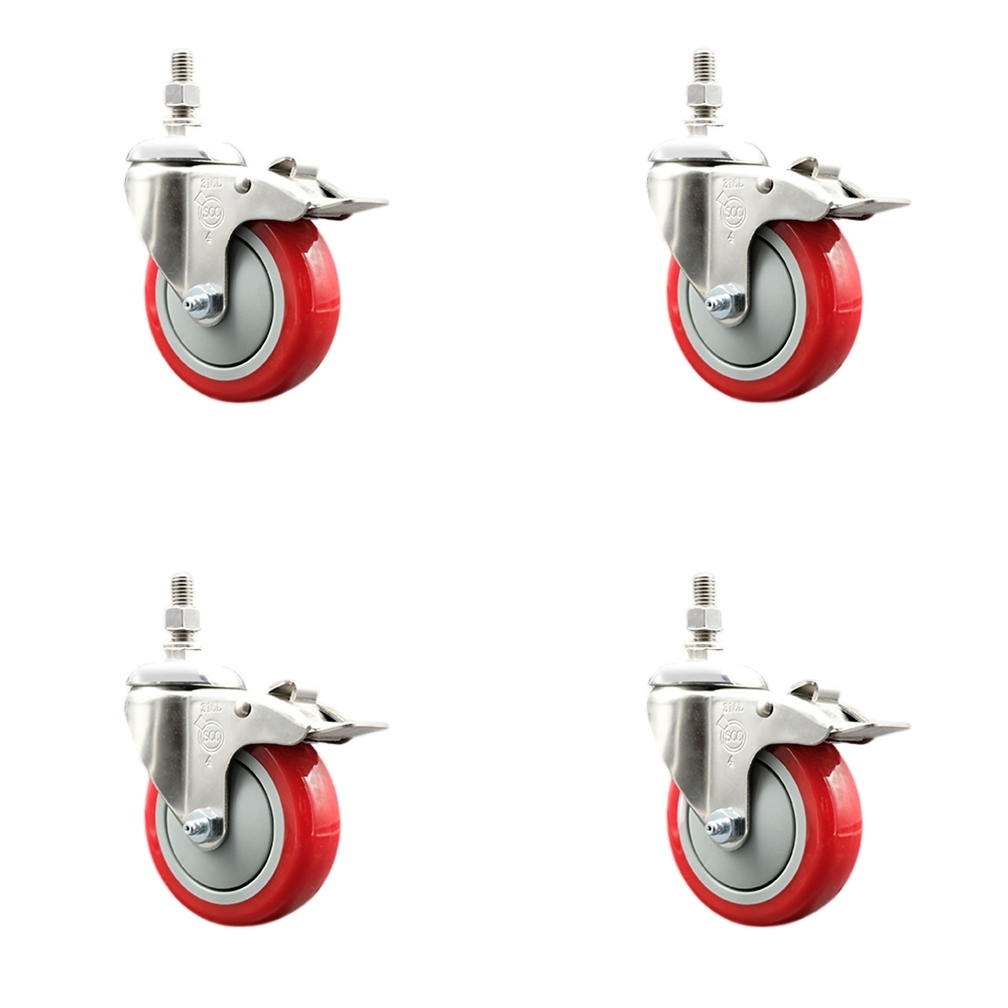 Service Caster, 4Inch x 1 1/4Inch Stem Casters, Wheel Diameter 4 in, Caster Type Swivel, Package (qty.) 4, Model SS316TSTTL20S414-PPUB-RED-381615-4