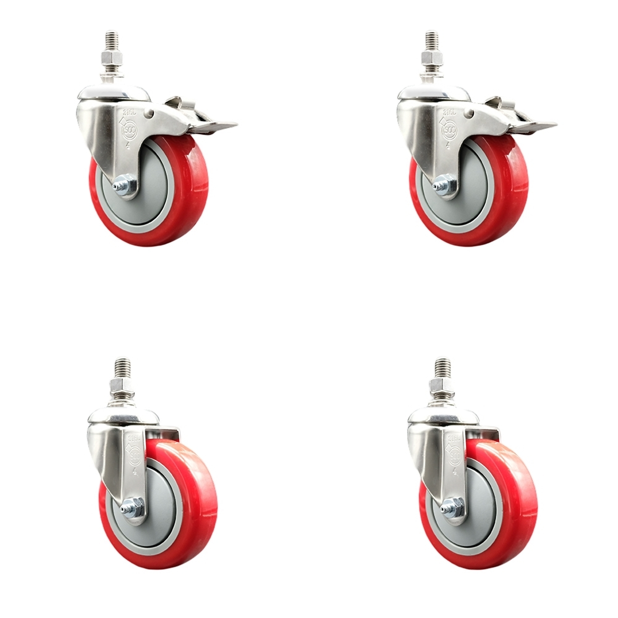 Service Caster, 4Inch x 1 1/4Inch Stem Casters, Wheel Diameter 4 in, Caster Type Swivel, Package (qty.) 4, Model SS316TSTTL20S414-PPUB-RED-381615-2S2